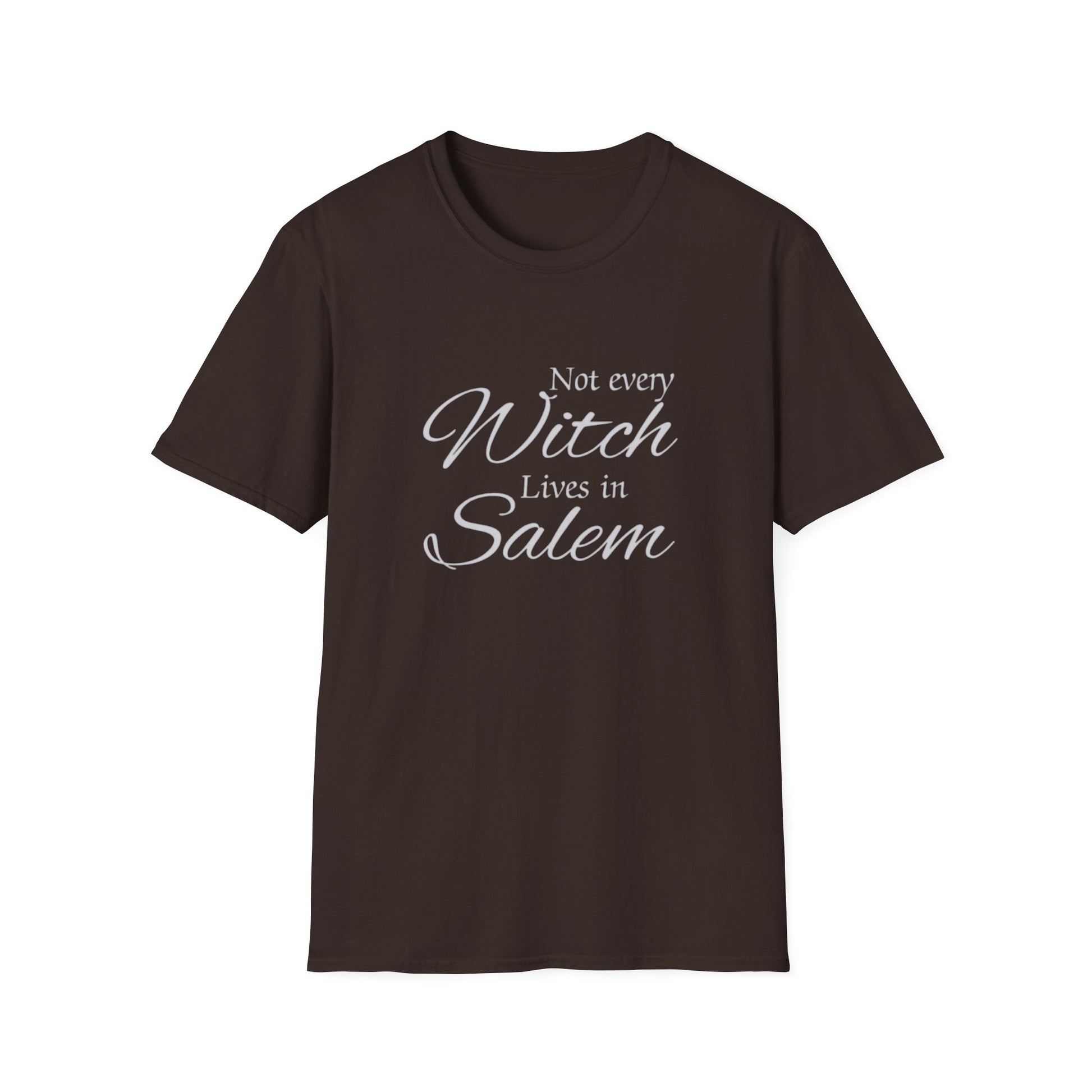 Brown t-shirt with 'Not every Witch Lives in Salem' text on a white background