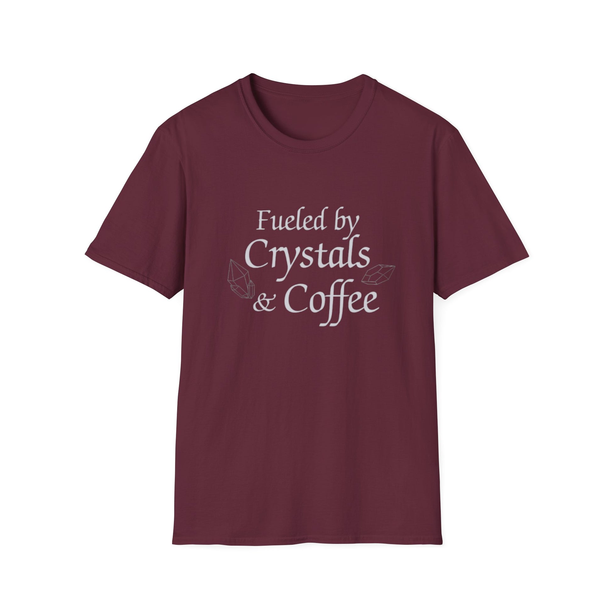 Maroon t-shirt with "Fueled by Crystals & Coffee" text and crystal illustrations, unisex fit, casual wear design.
