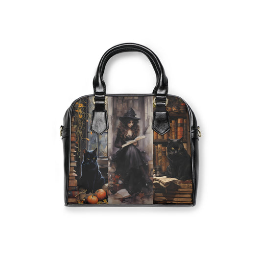 Gothic Black Cat & Spellbook Shoulder Handbag