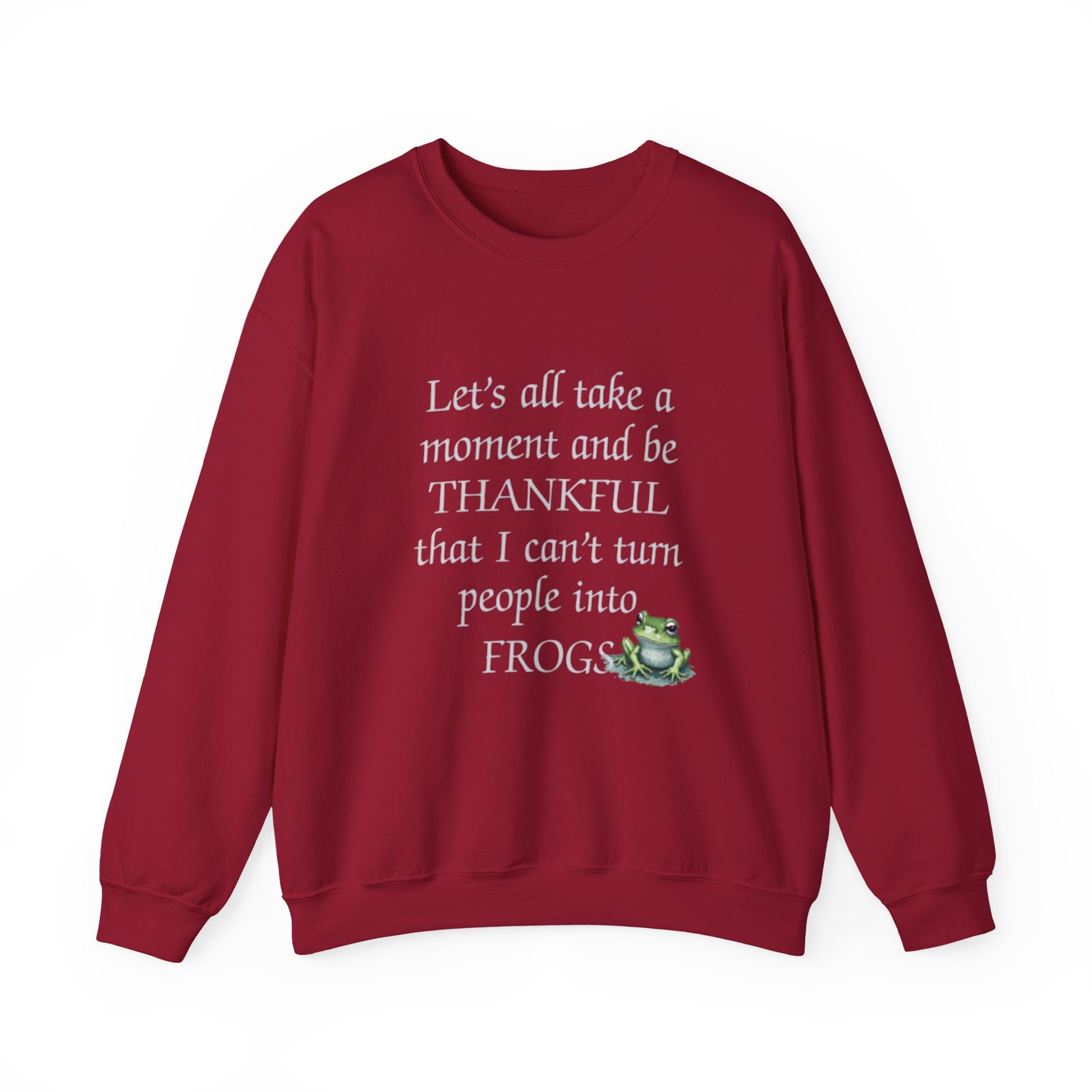 Red sweatshirt with humorous text and frog graphic on a white background