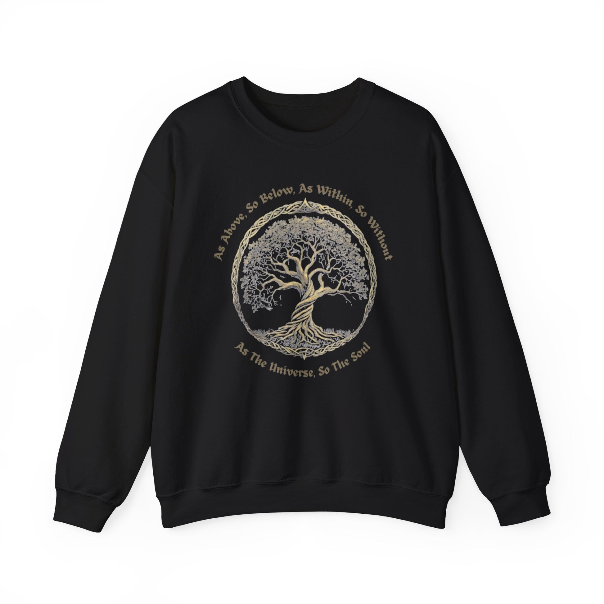 Black sweatshirt with a tree design and text on a white background