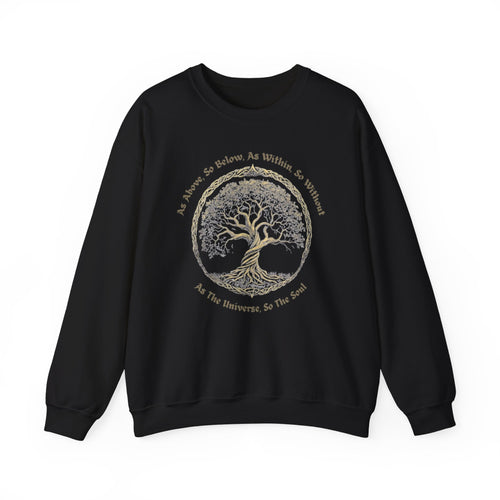 Black sweatshirt with a tree design and text on a white background