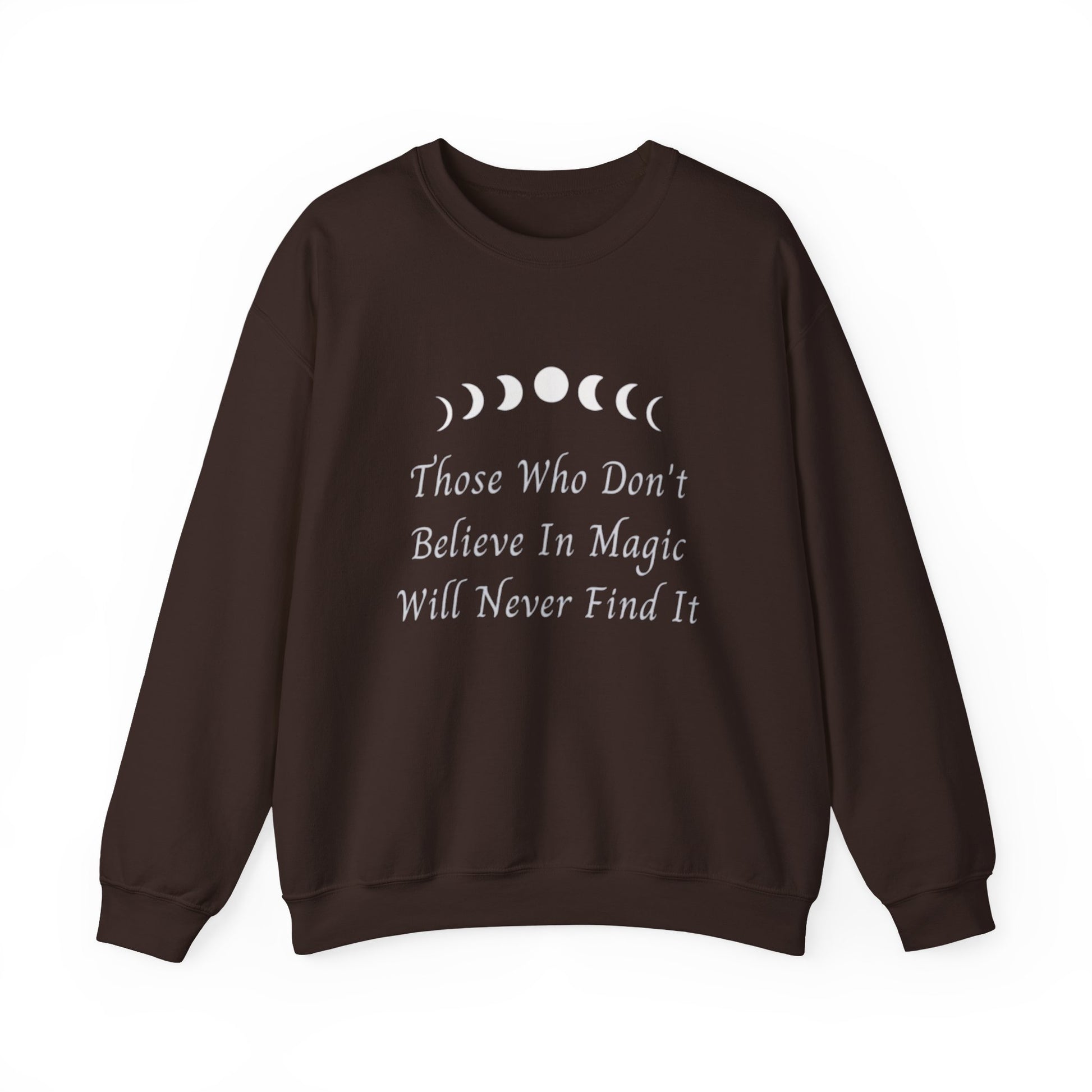 Brown sweatshirt with moon phase design and text on a white background