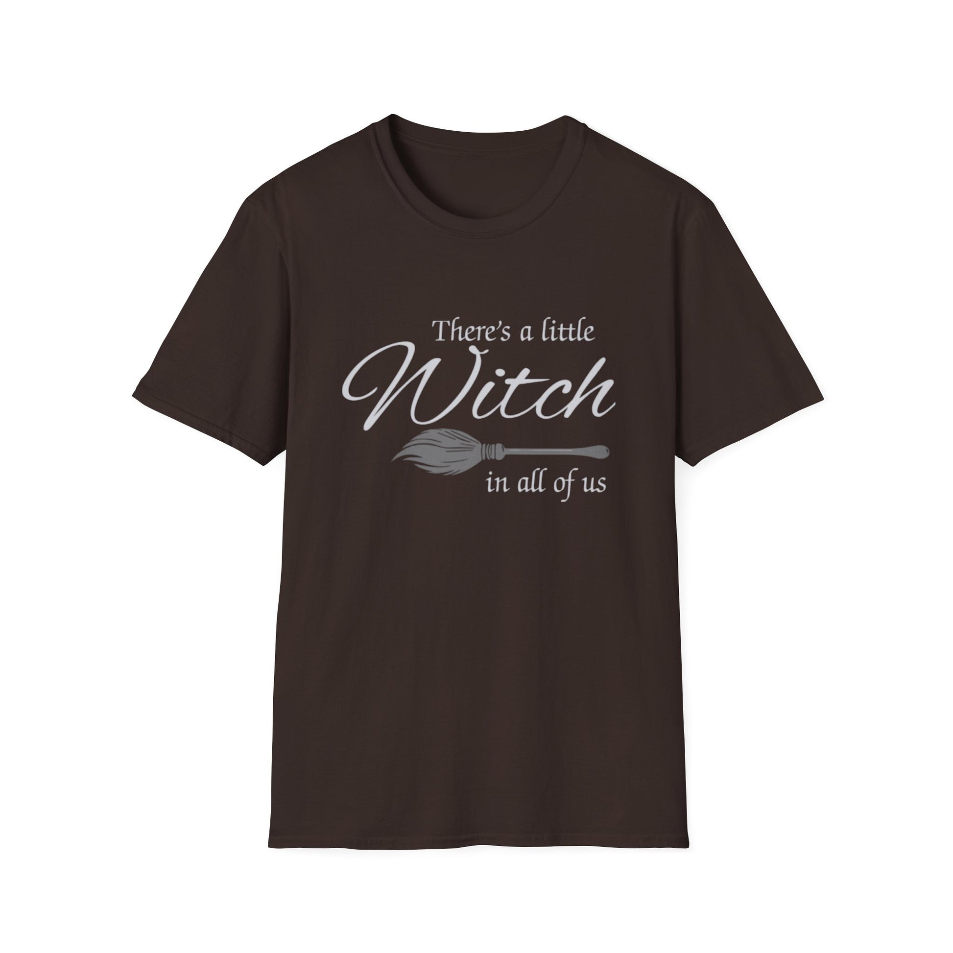 Brown t-shirt with white text and broom graphic on a white background