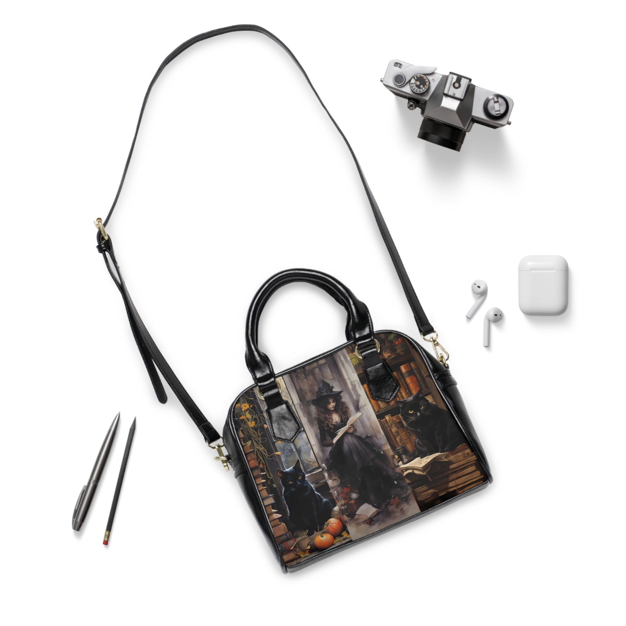 Gothic Black Cat &amp; Spellbook Shoulder Handbag