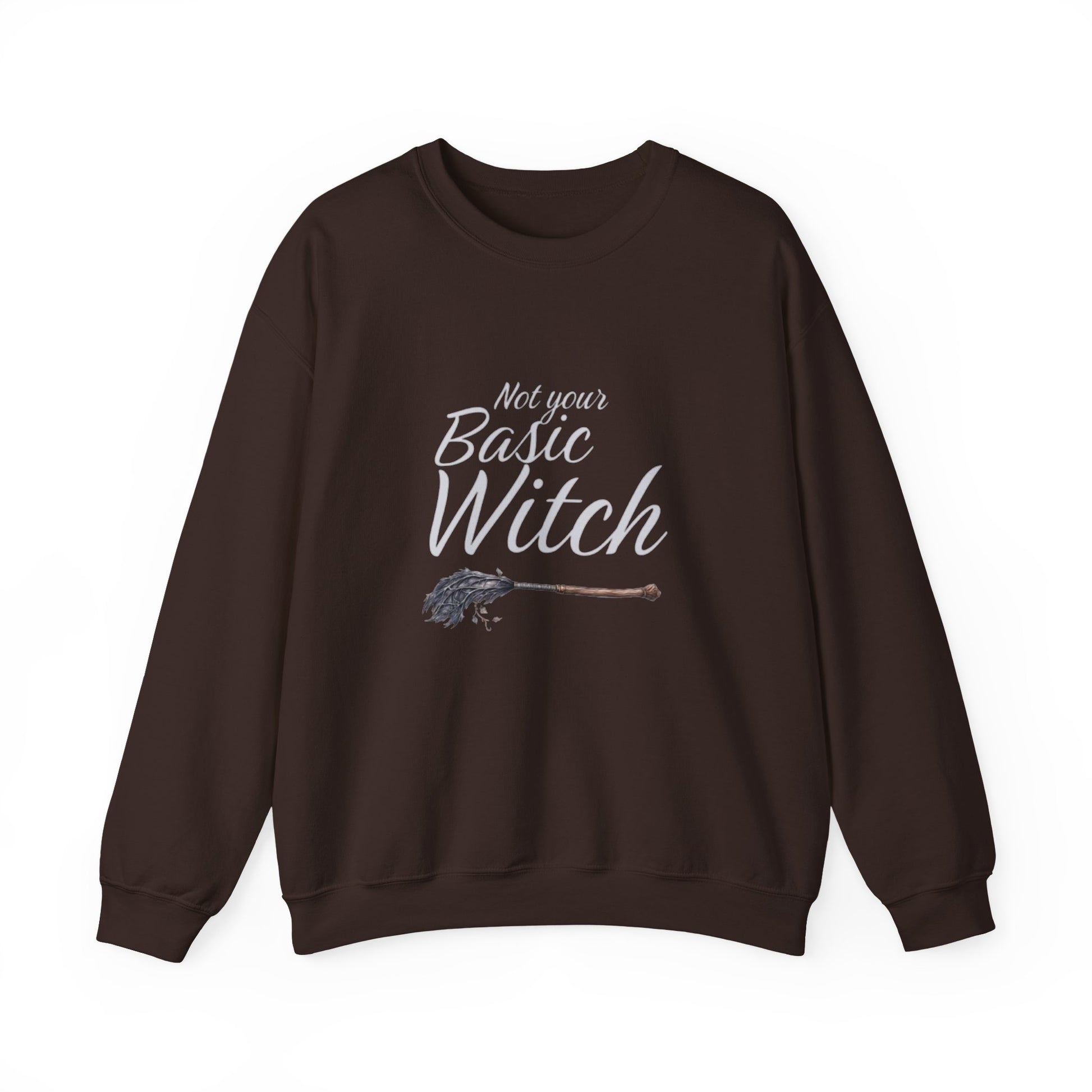 Brown sweatshirt with 'Not your Basic Witch' text and broom graphic on a white background