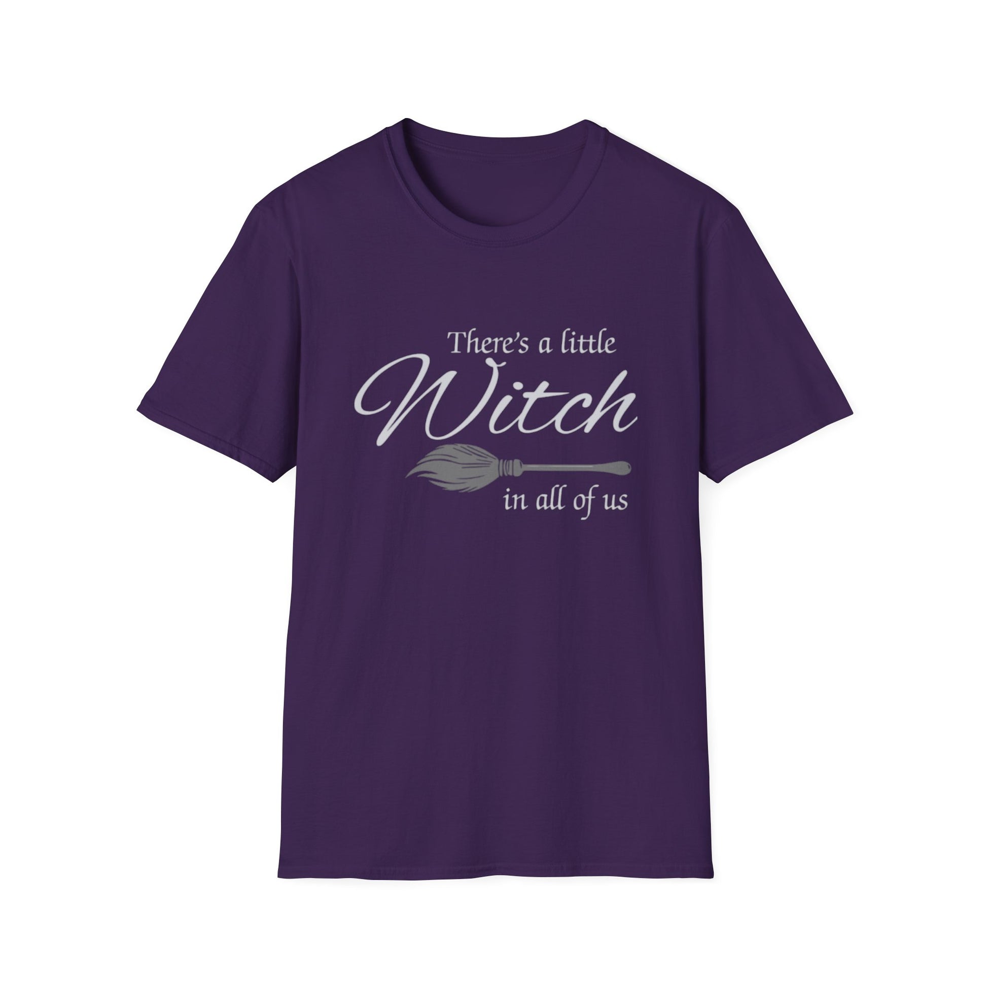 Purple t-shirt with text 'There's a little Witch in all of us' on a white background