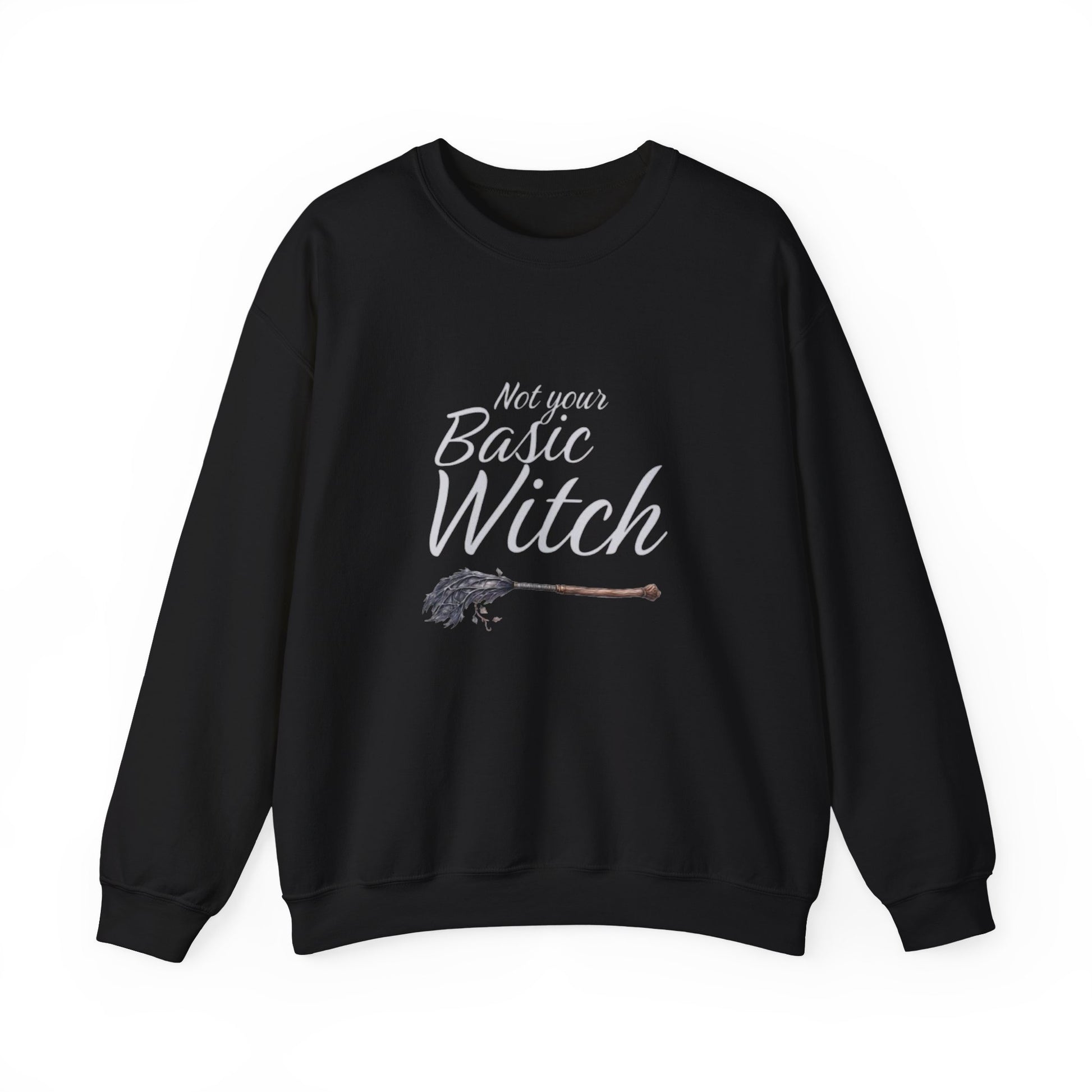 Black sweatshirt with 'Not your Basic Witch' text and broom graphic on a white background
