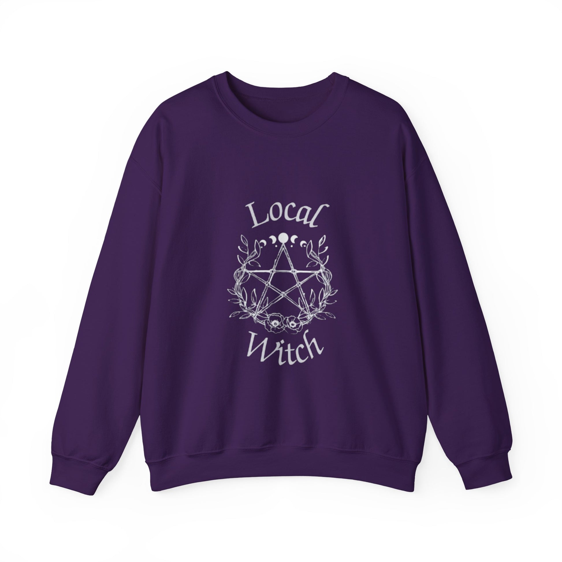 Purple sweatshirt with 'Local Witch' text and pentacle design on a white background