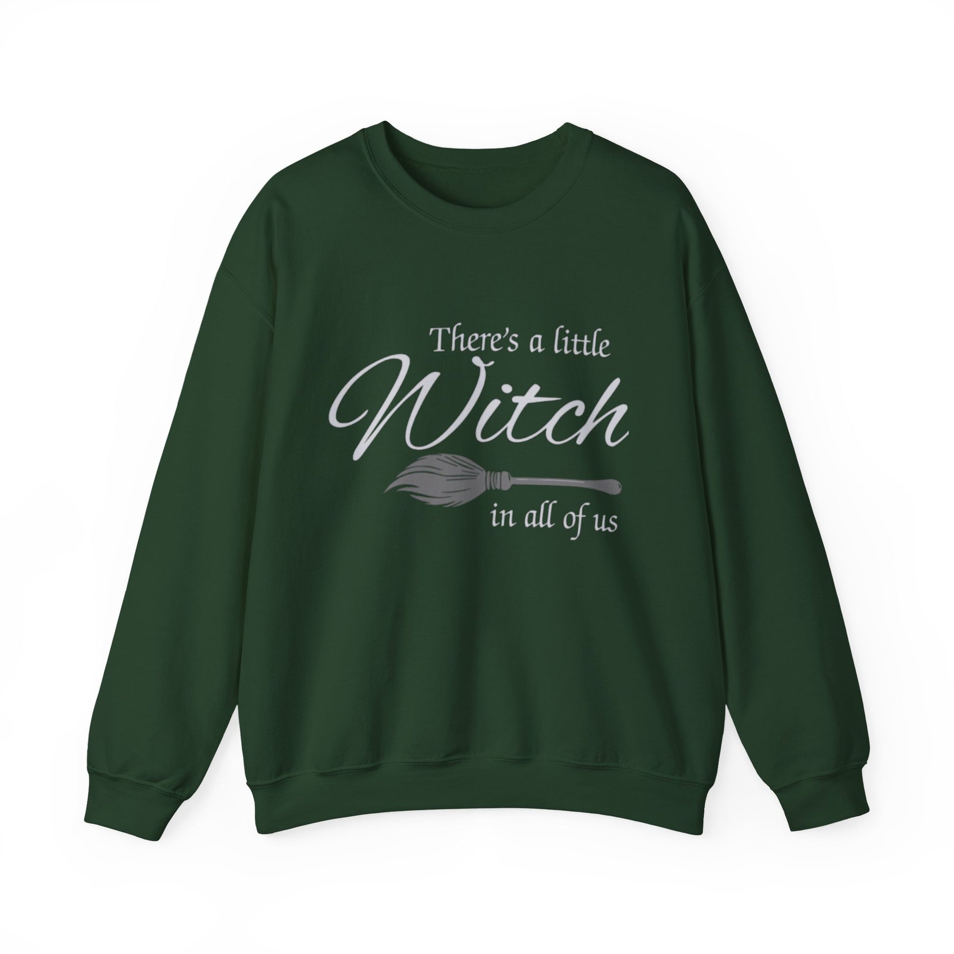 Green sweatshirt with text and broom graphic on a white background