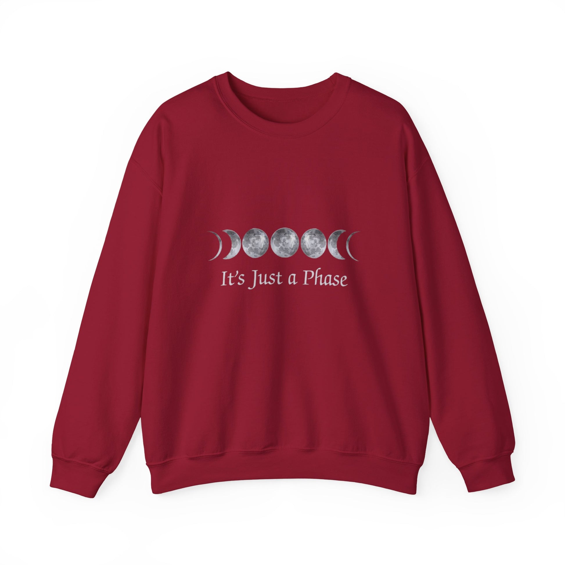 Red sweatshirt with moon phase design and 'It's Just a Phase' text on a white background