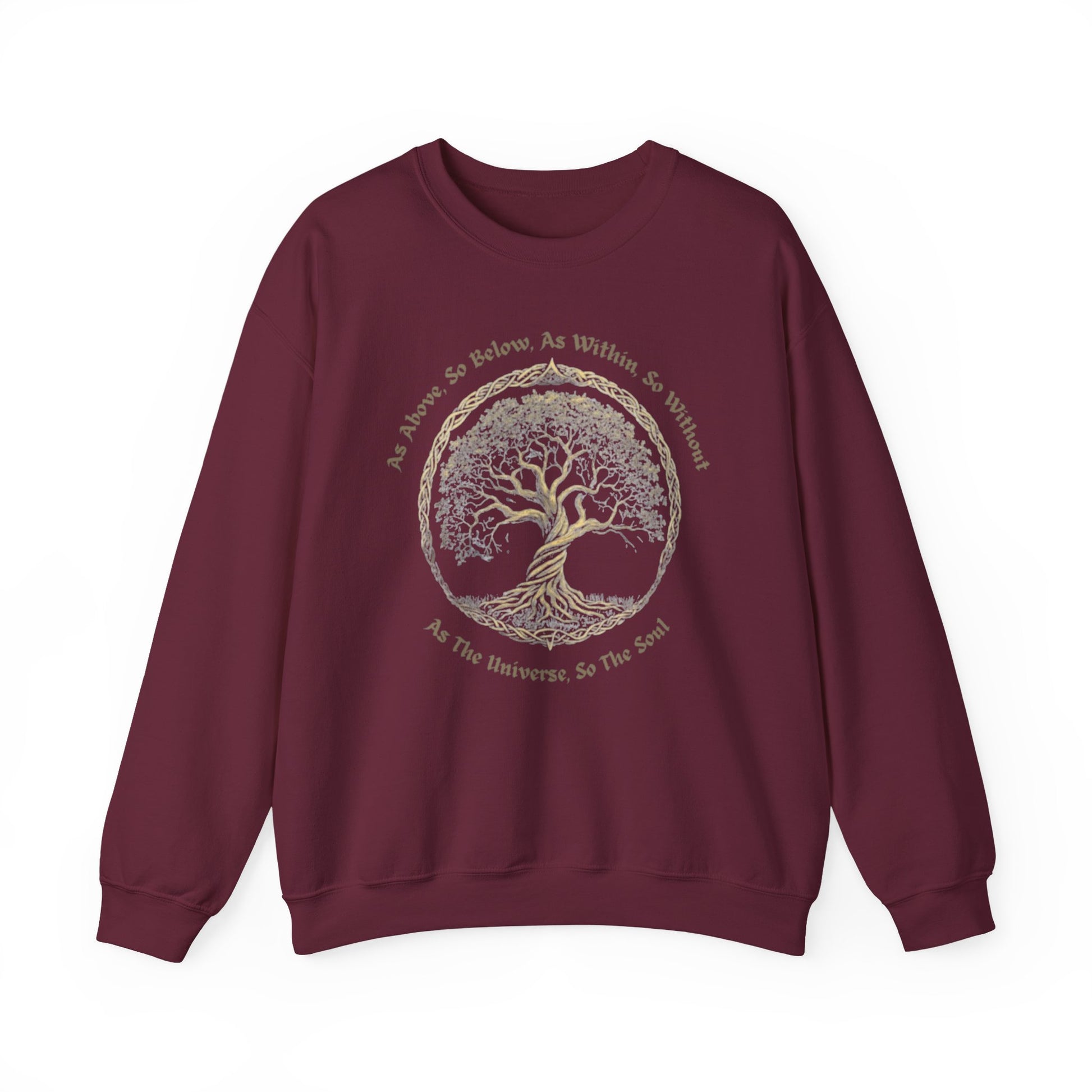Maroon sweatshirt with a tree design and text on a white background