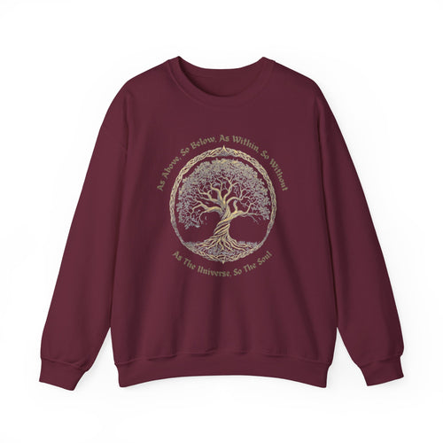 Maroon sweatshirt with a tree design and text on a white background