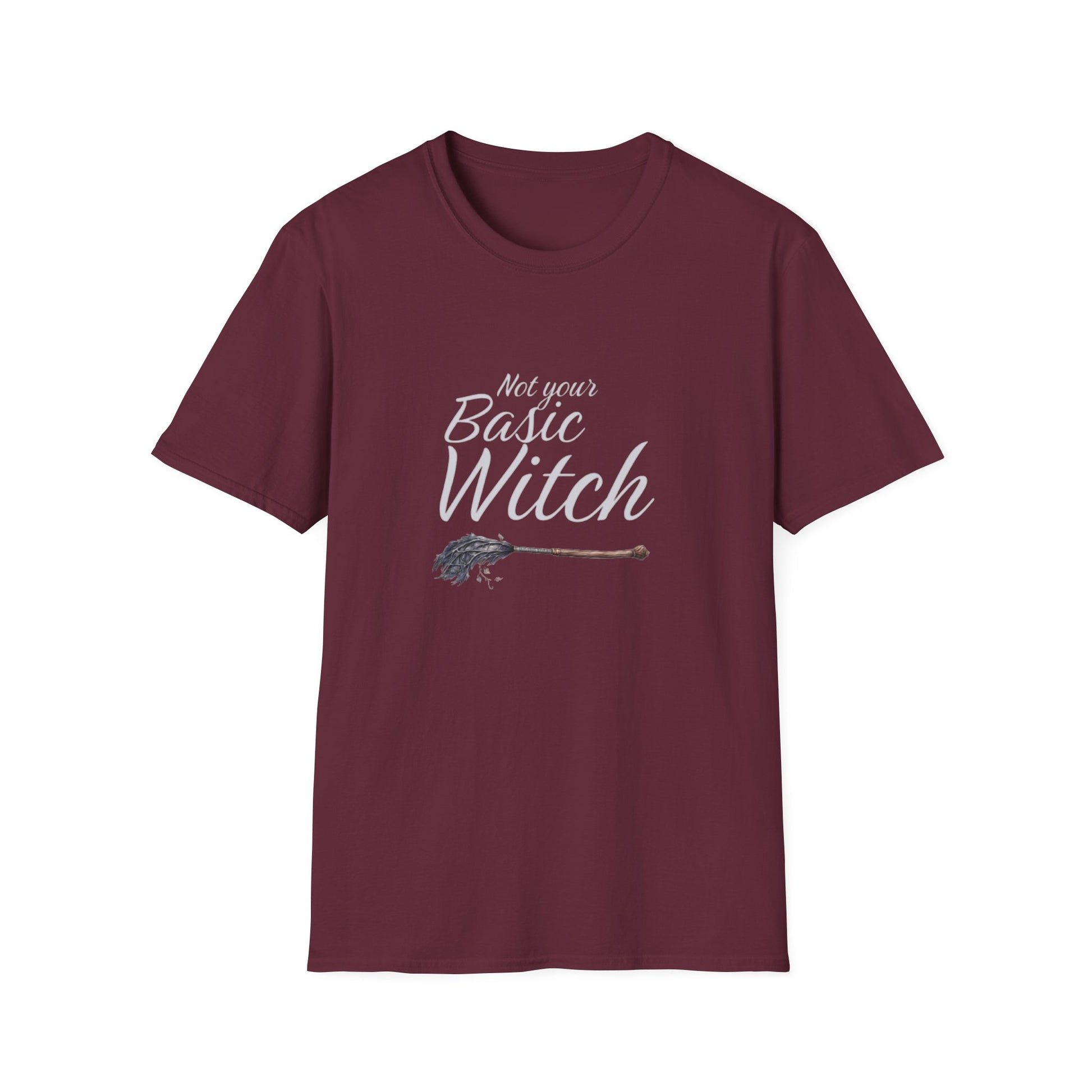 Maroon t-shirt with 'Not your Basic Witch' text and broom graphic on a white background