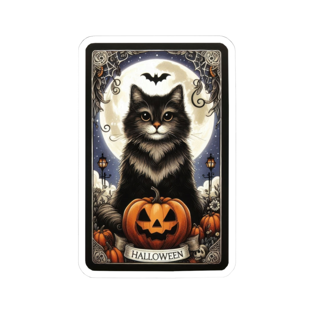 Halloween Cat Tarot Card Sticker showing black cat with jack-o&
