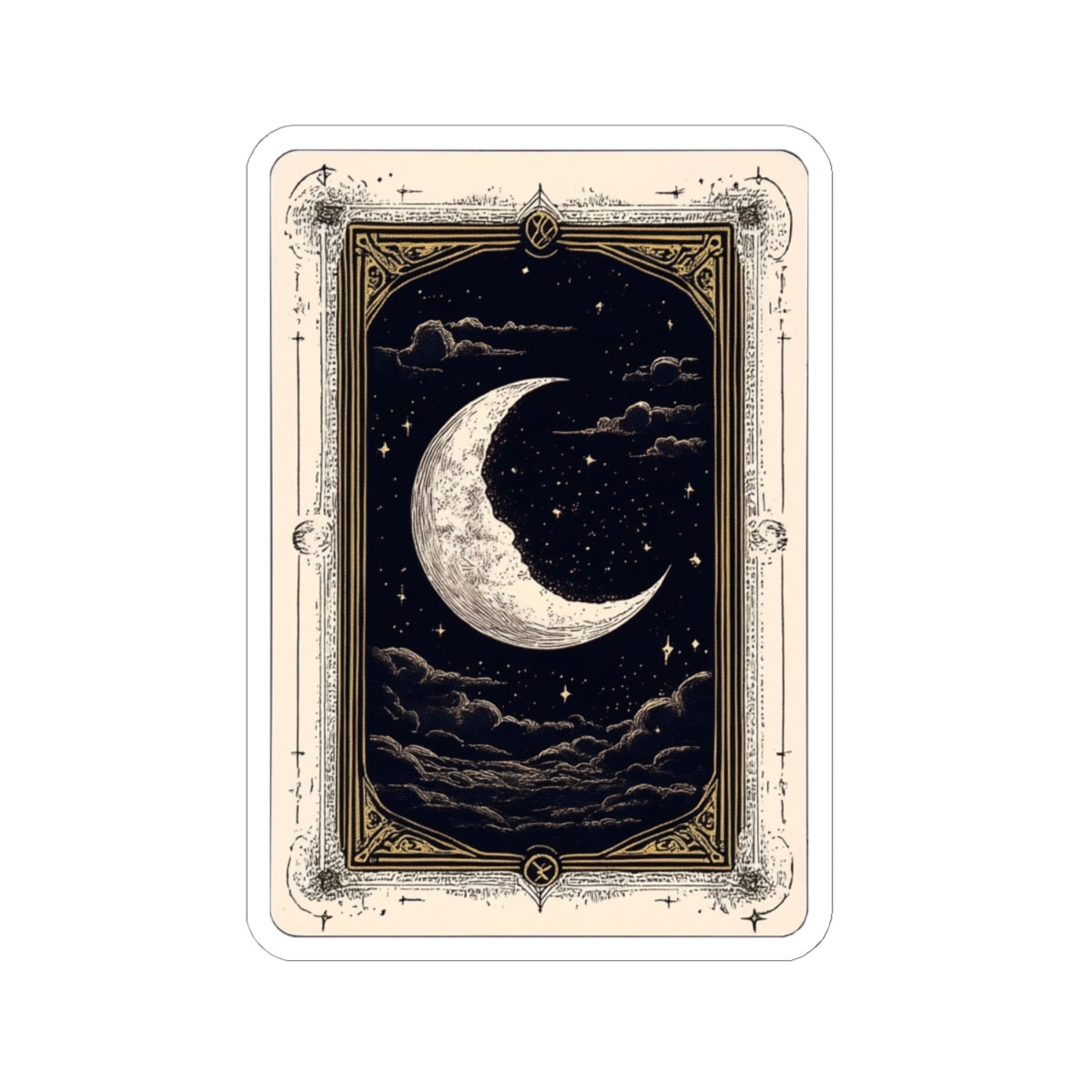Vintage-style card with a crescent moon and starry night design on a beige border.