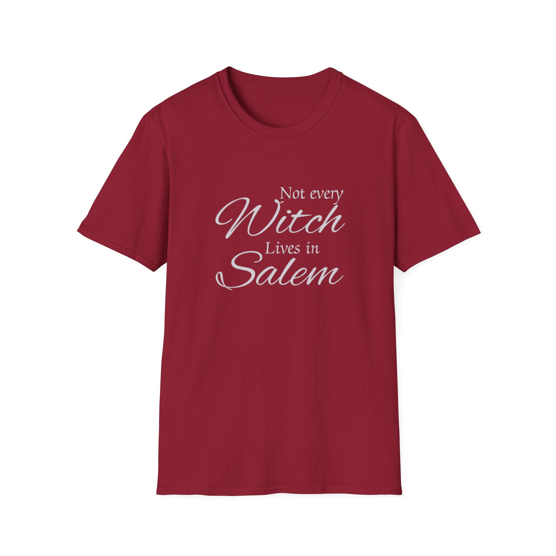 Red t-shirt with white text 'Not every Witch Lives in Salem' on a white background