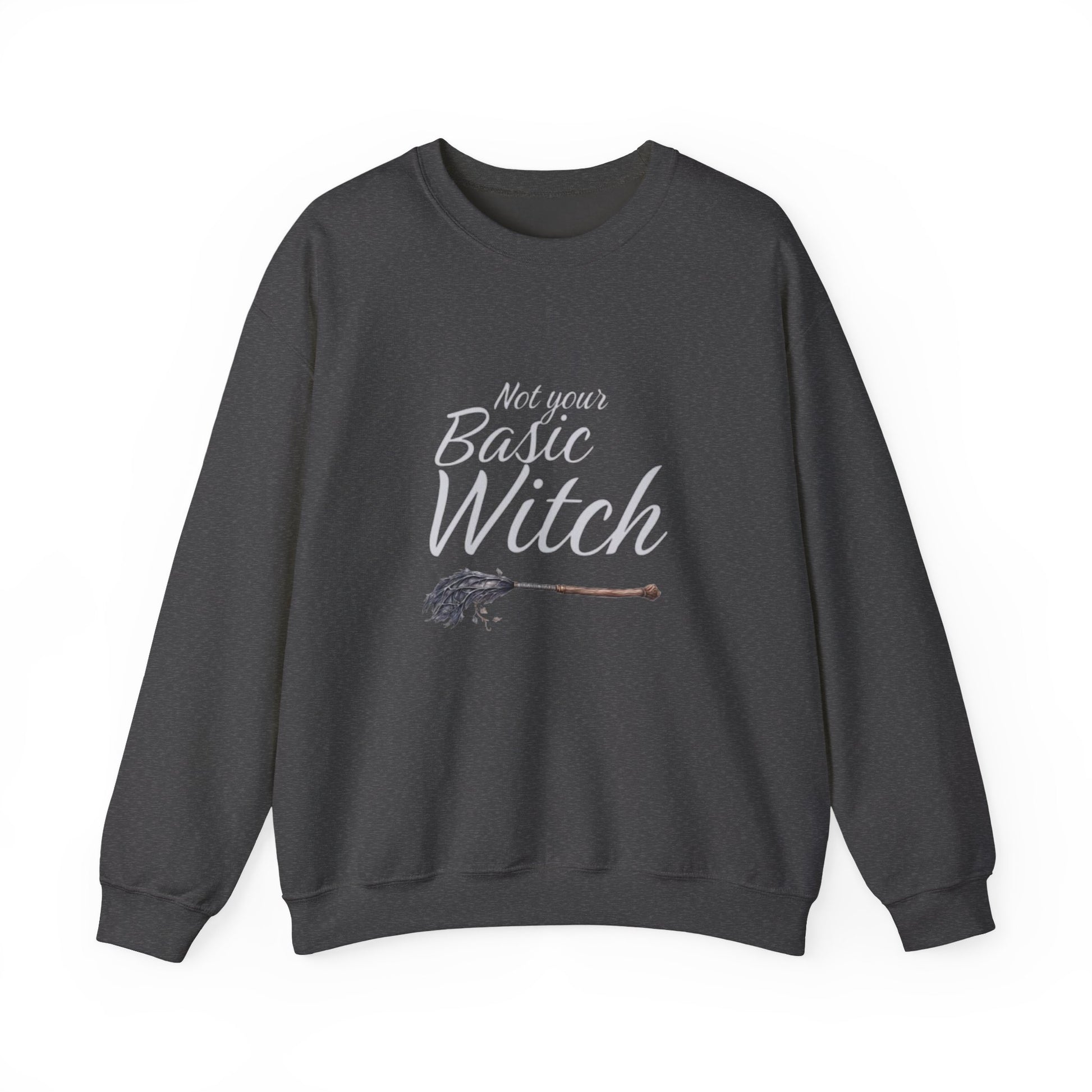 Dark gray sweatshirt with 'Not your Basic Witch' text and broom graphic on a white background