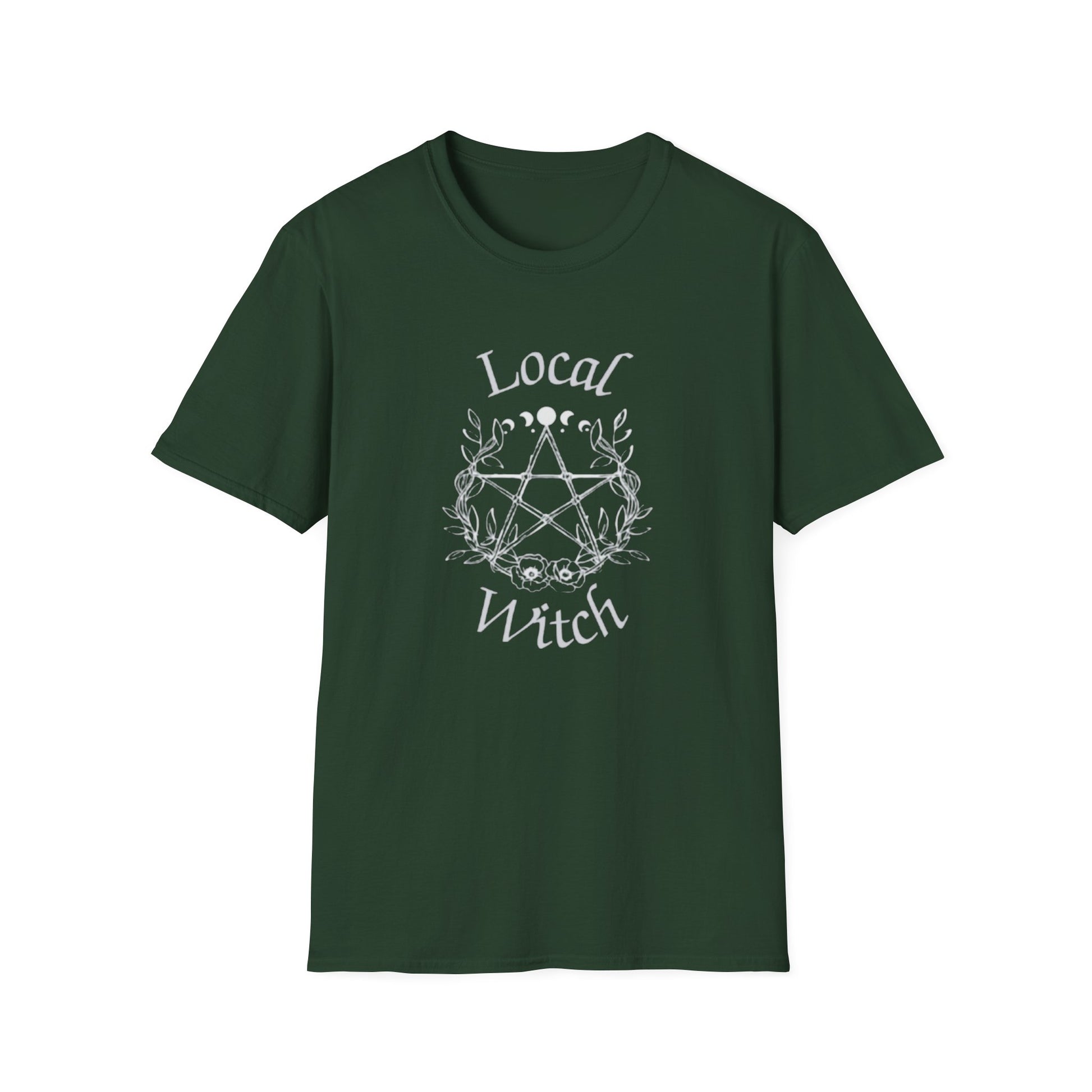 Green t-shirt with 'Local Witch' design on a white background