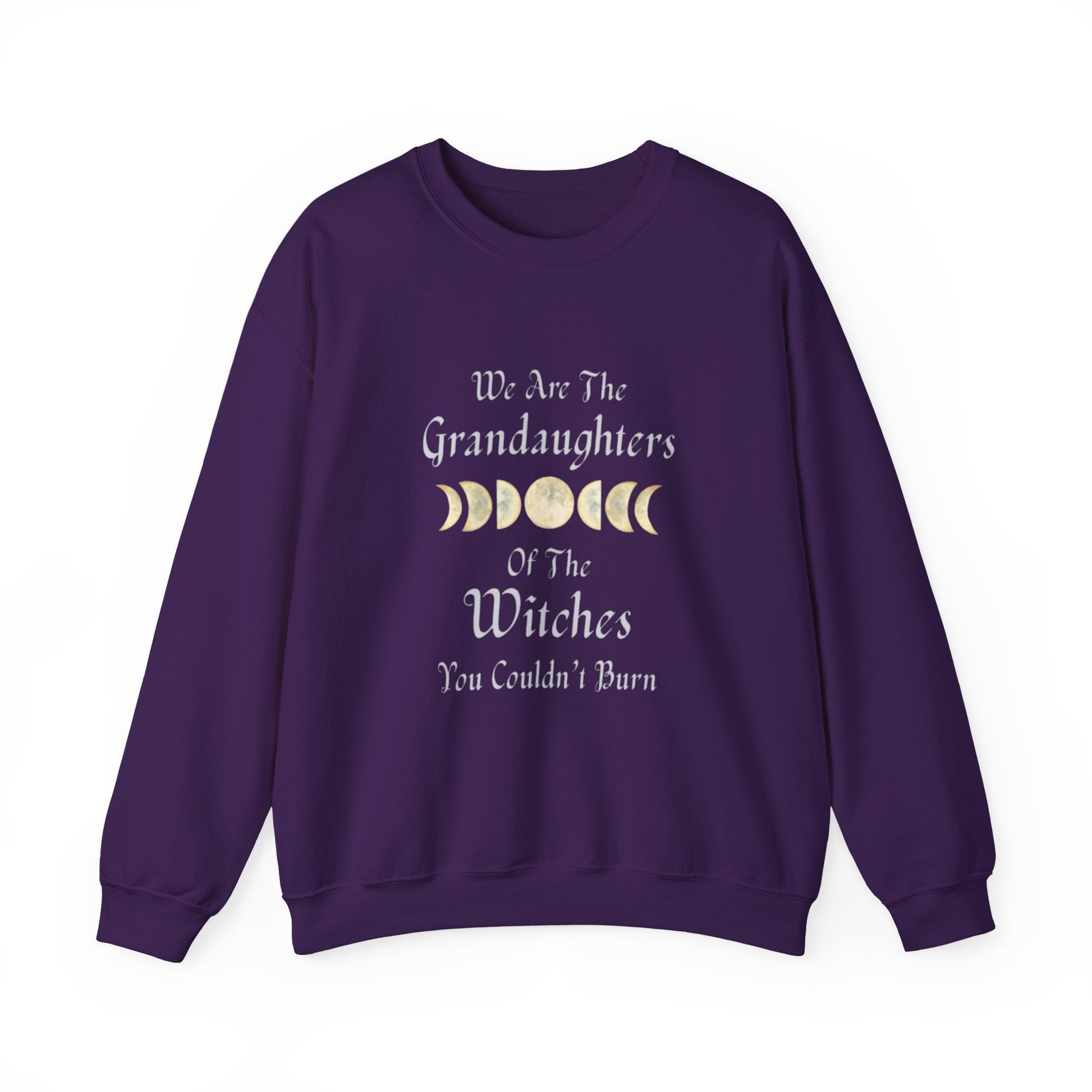 Purple sweatshirt with text and moon phases on a white background