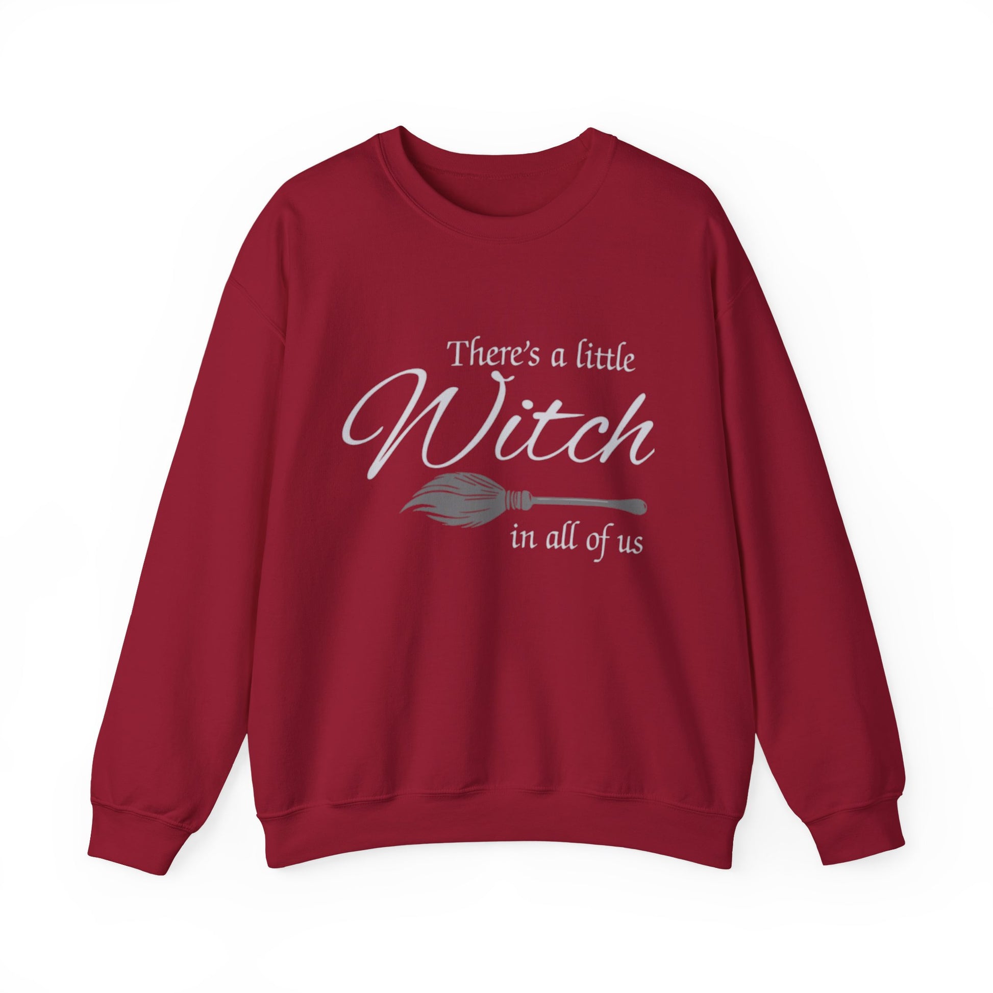 Red sweatshirt with the text 'There's a little Witch in all of us' printed in white script, accompanied by a graphic of a broomstick. Displayed on a white background within a Shopify store admin interface on a mobile screen.