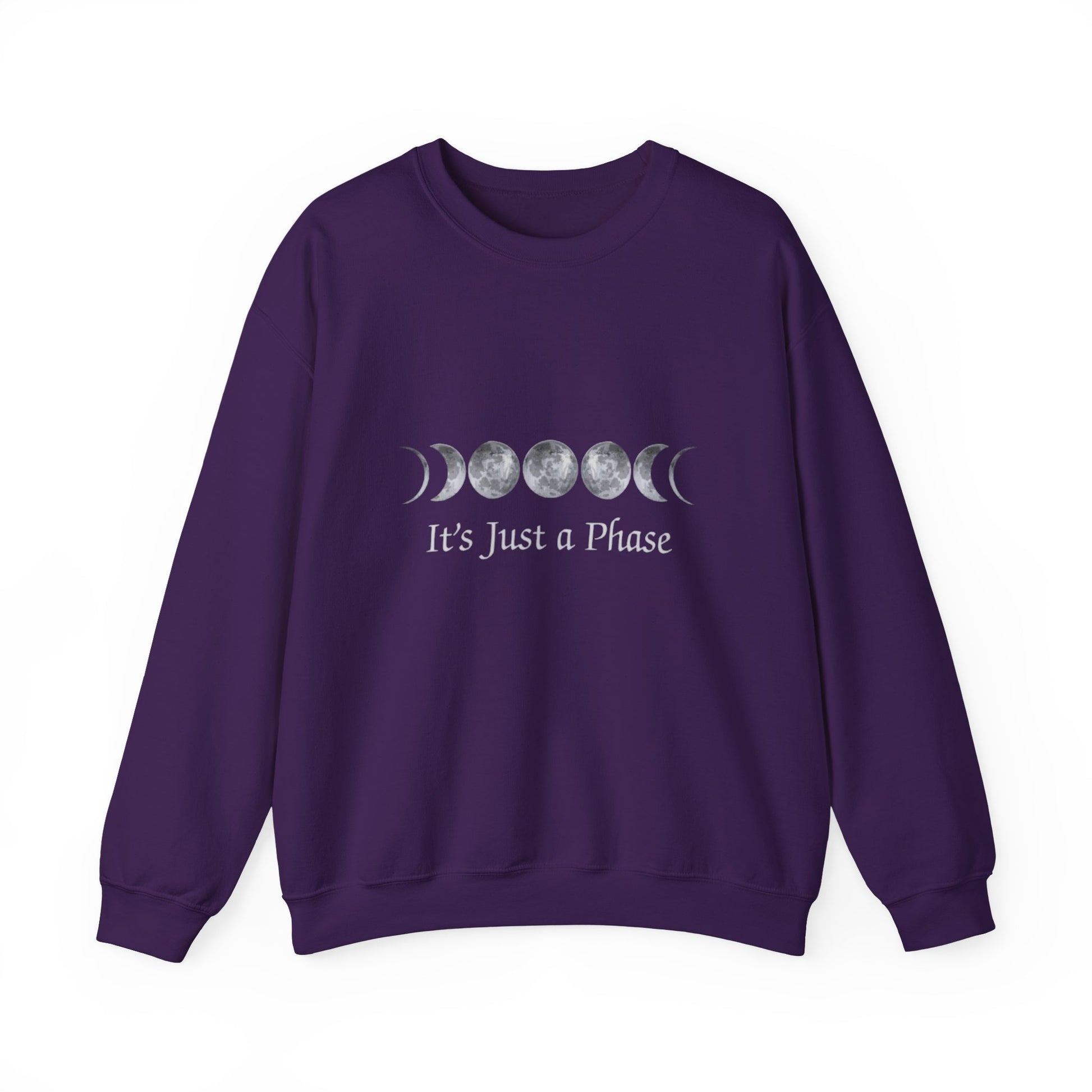 Purple sweatshirt with moon phase design and 'It's Just a Phase' text on a white background