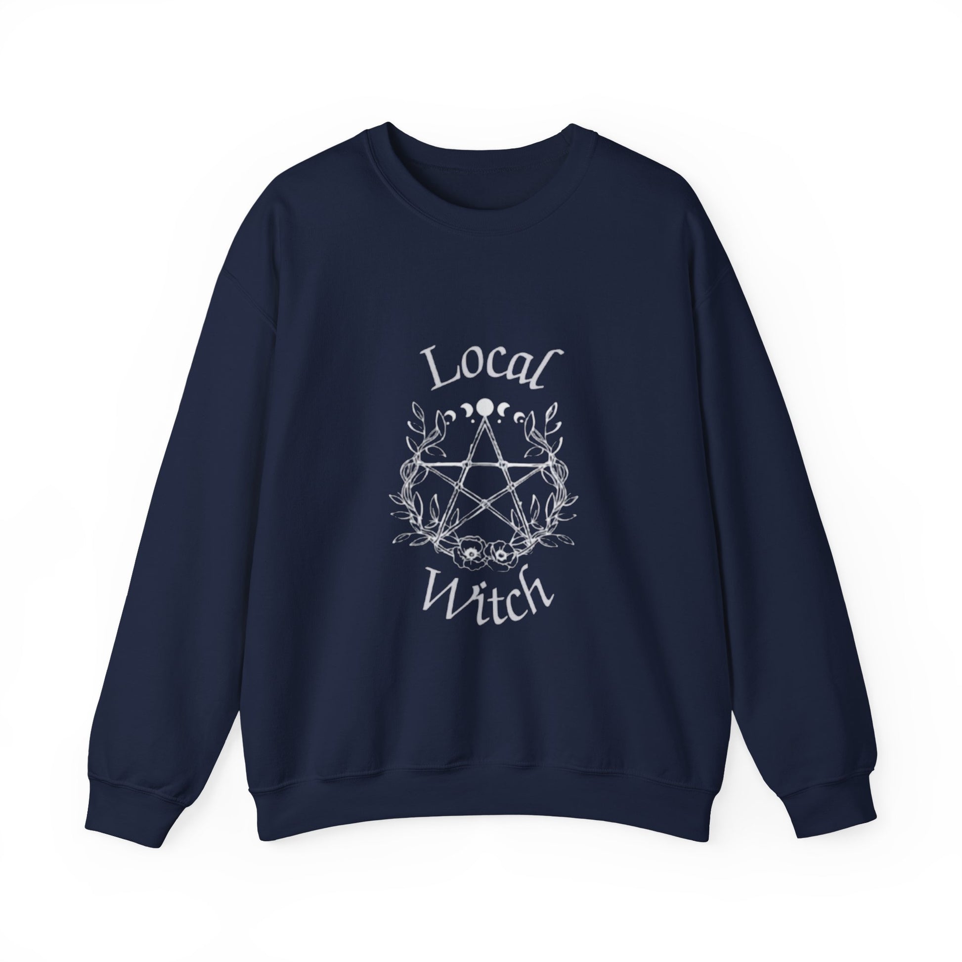 Navy blue sweatshirt with 'Local Witch' print on a white background