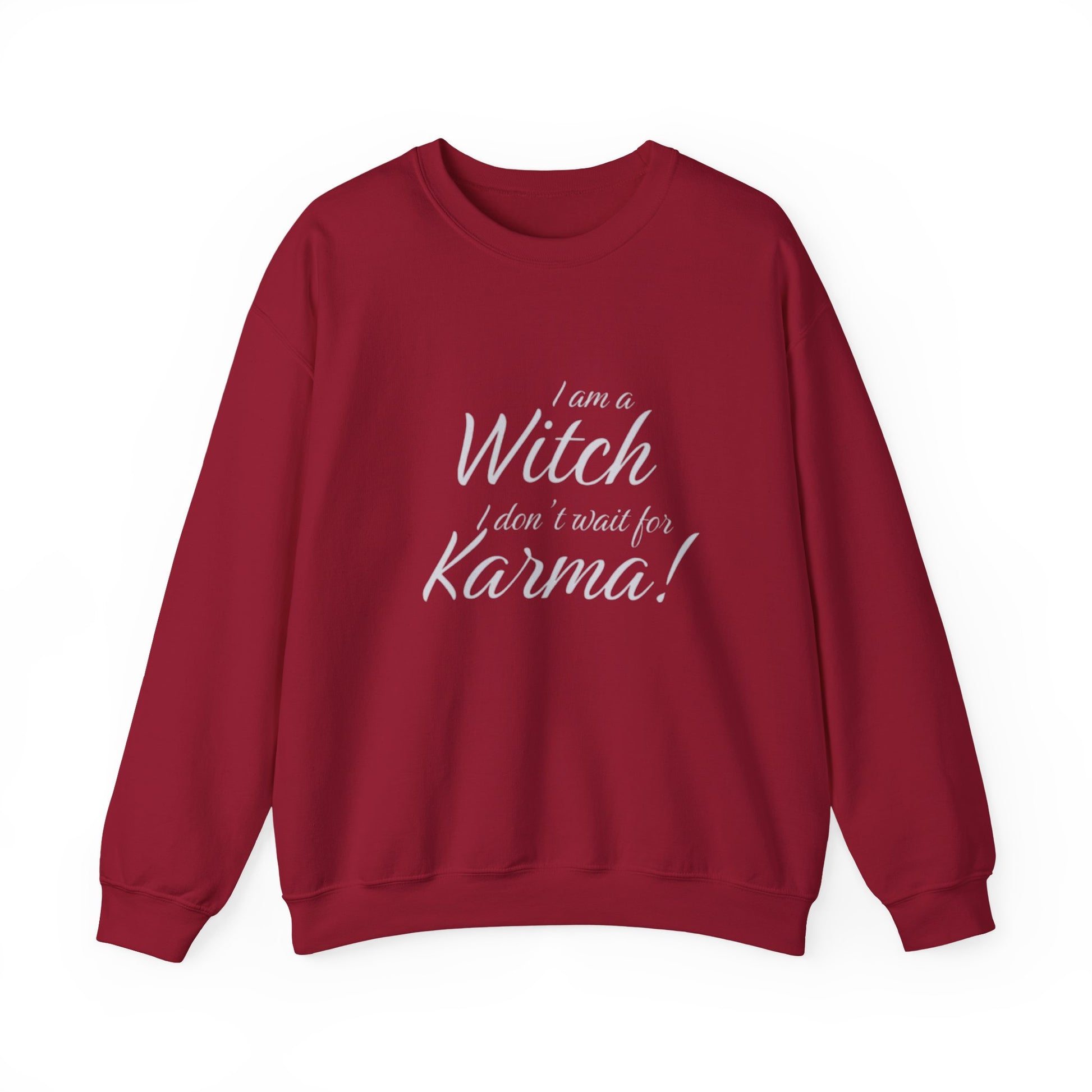 Red sweatshirt with white text on a white background