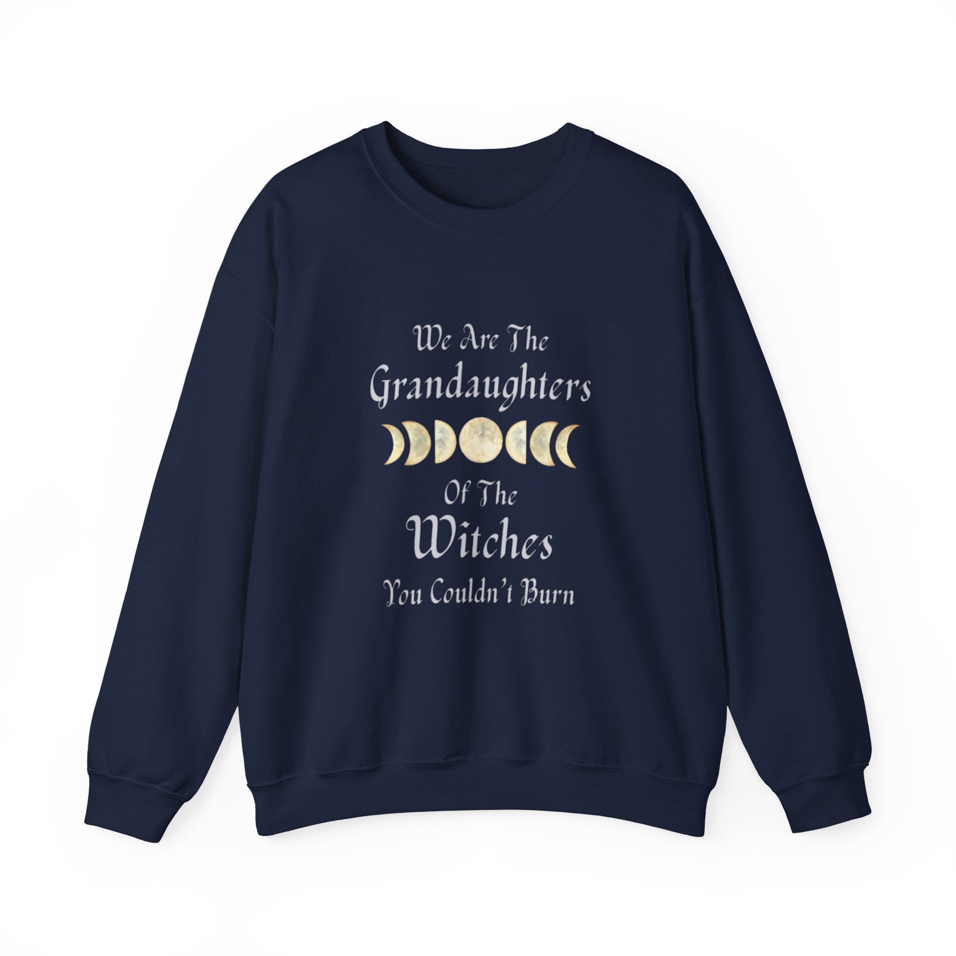 Navy blue sweatshirt with text and moon phases on a white background