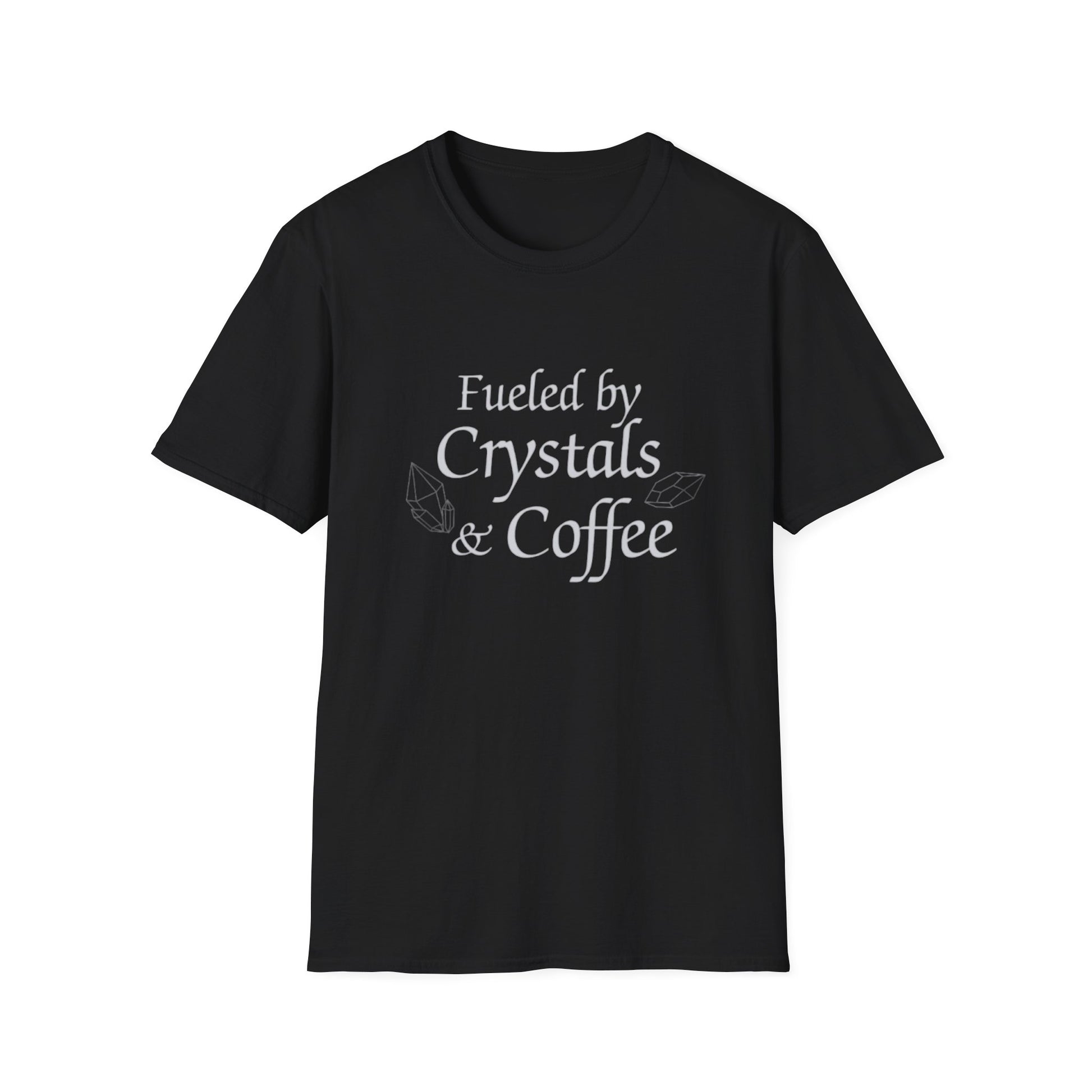 Black t-shirt with white text reading Fueled by Crystals & Coffee T-Shirt, featuring crystal and coffee designs.