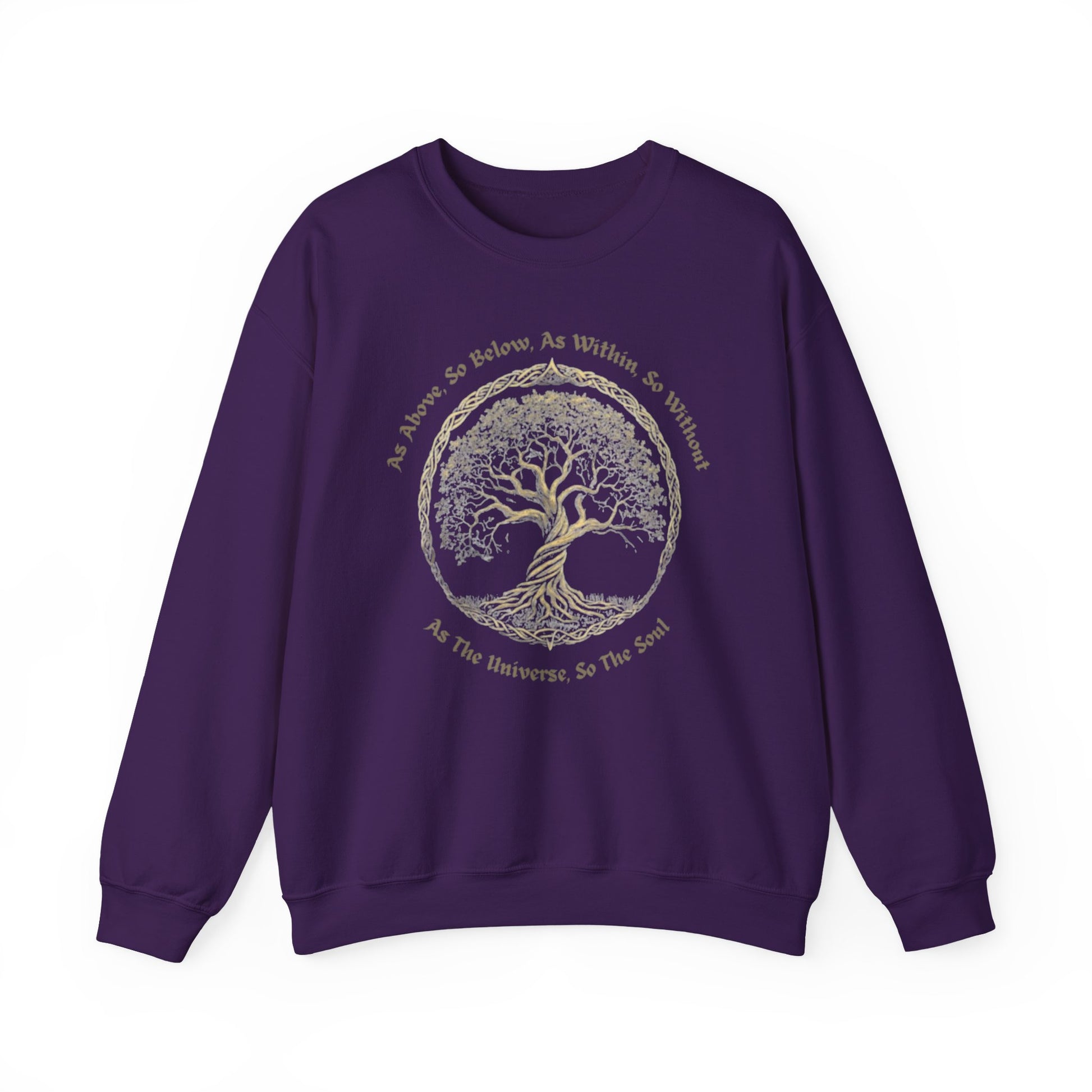 Purple sweatshirt with a tree design and text on a white background
