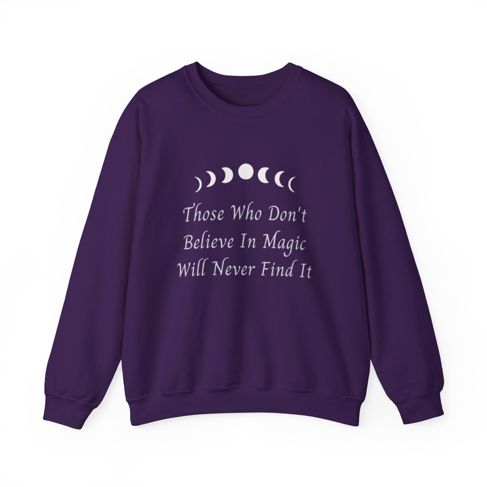 Purple sweatshirt with moon phases and text on a white background
