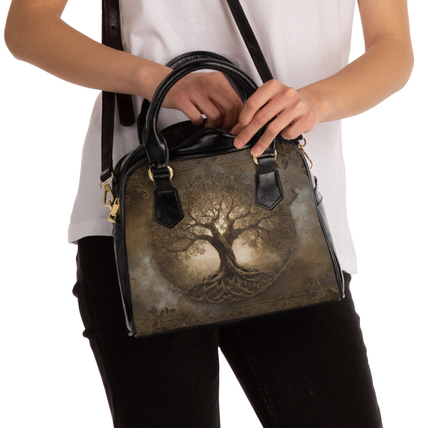 Aged Sepia Tree of Life Shoulder Handbag