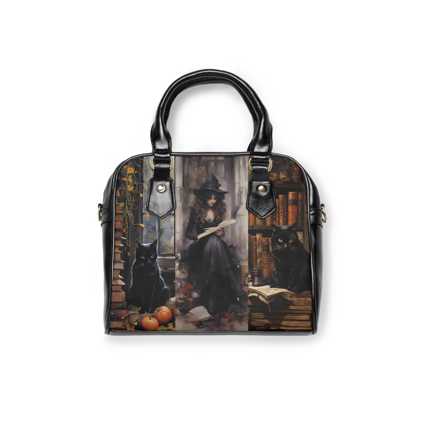 Gothic Black Cat & Spellbook Shoulder Handbag