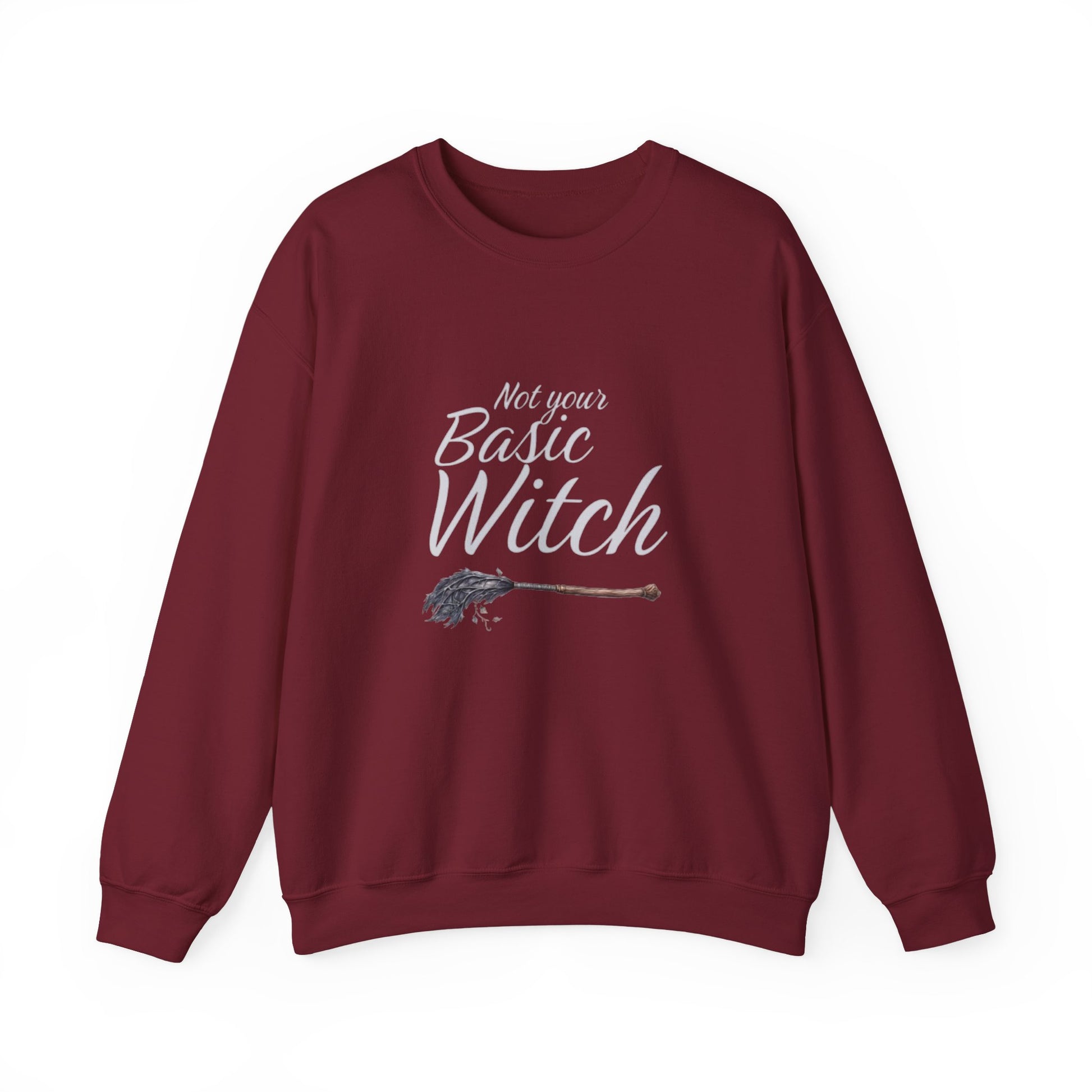 Maroon sweatshirt with 'Not your Basic Witch' text and broom graphic on a white background