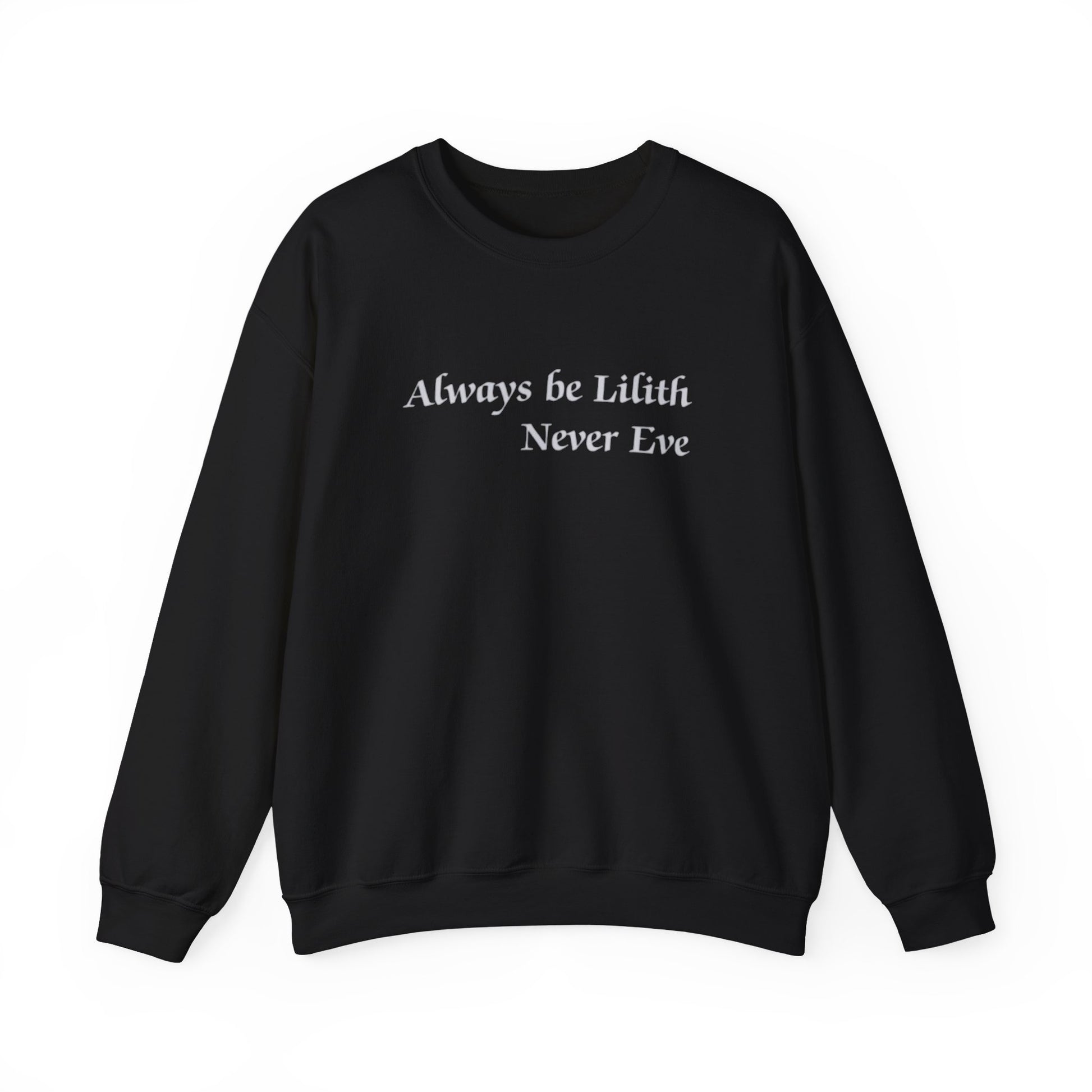 Black sweatshirt with white text on a white background