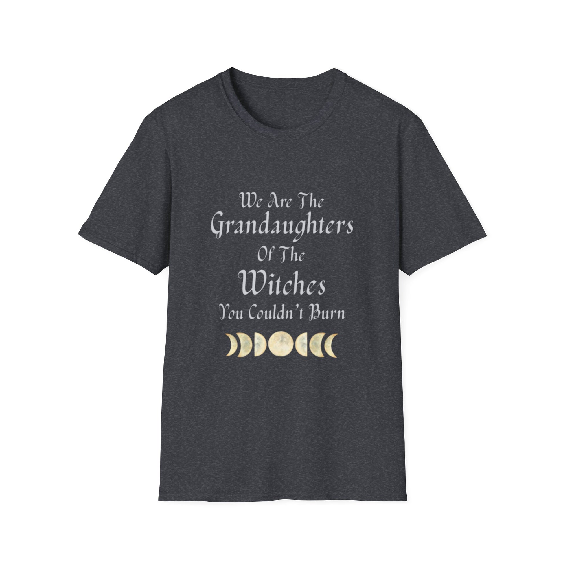 Black t-shirt with text and moon phases on a white background