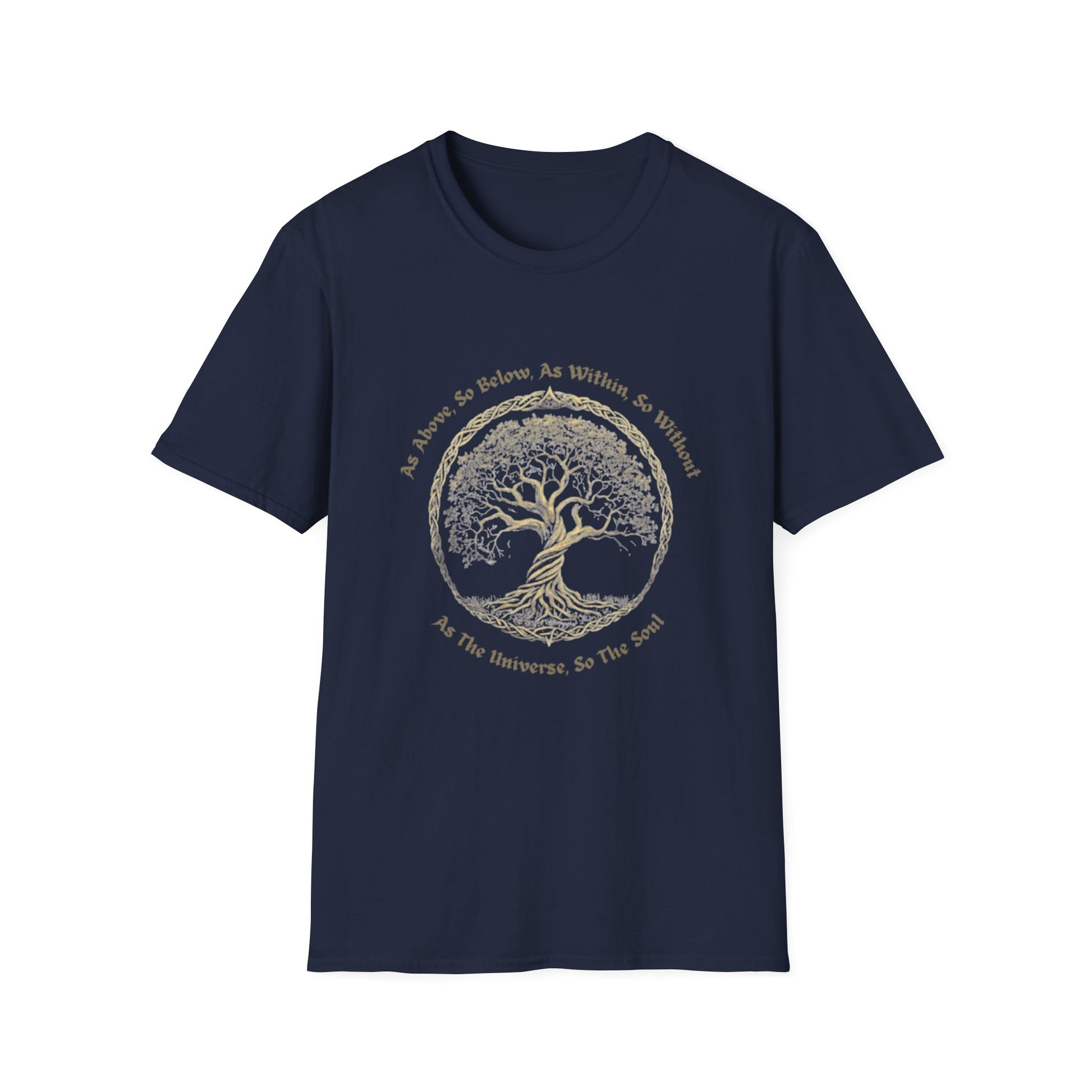 As Above, So Below, As Within, So Without T-Shirt with tree design and spiritual quote on navy background.