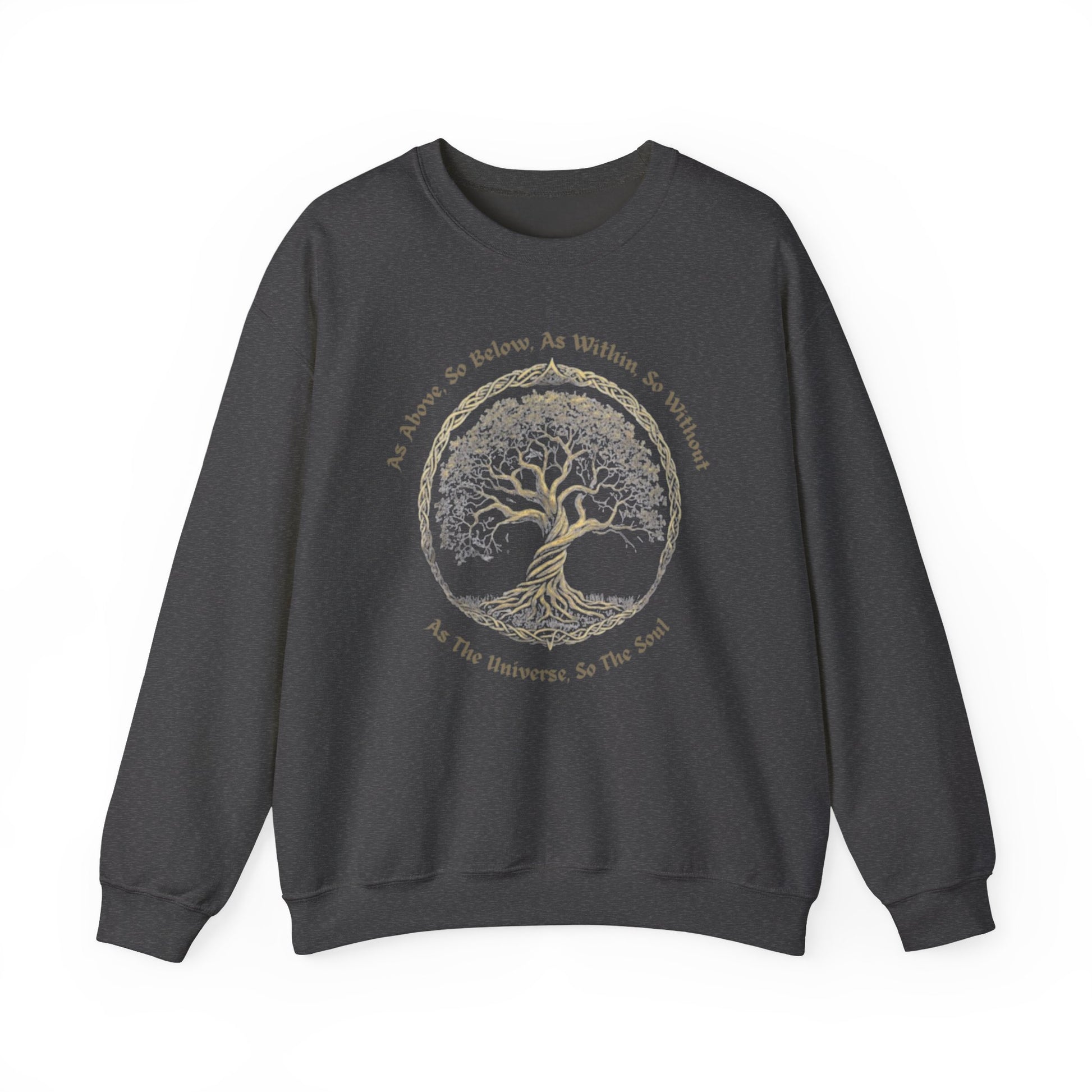 Dark gray sweatshirt with a tree design and text on a white background