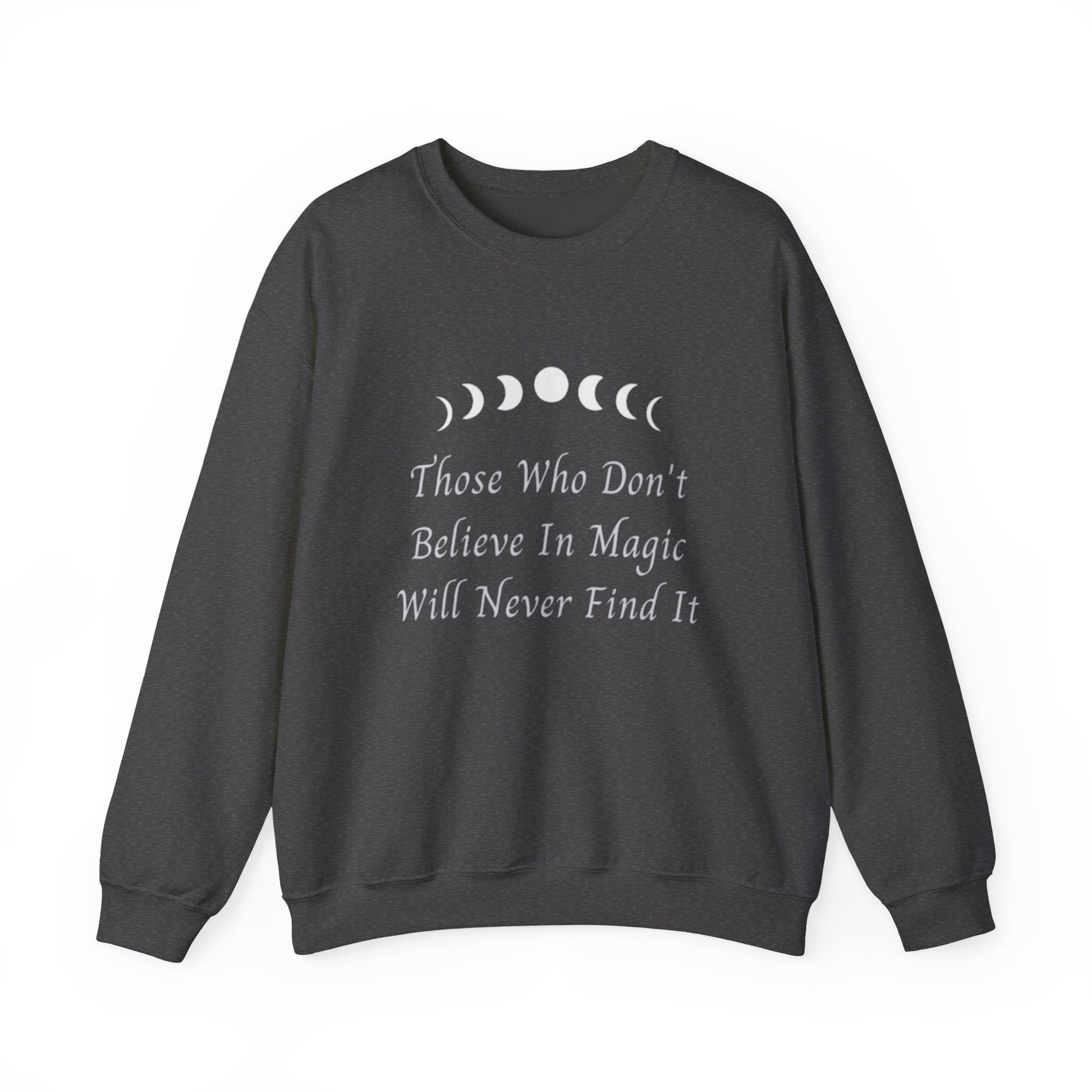 Dark gray sweatshirt with moon phase design and text on a white background
