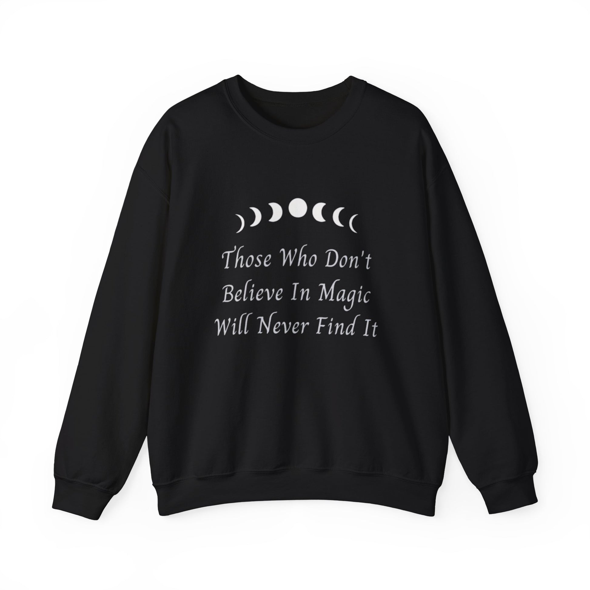 Black sweatshirt with white text and moon phases on a white background
