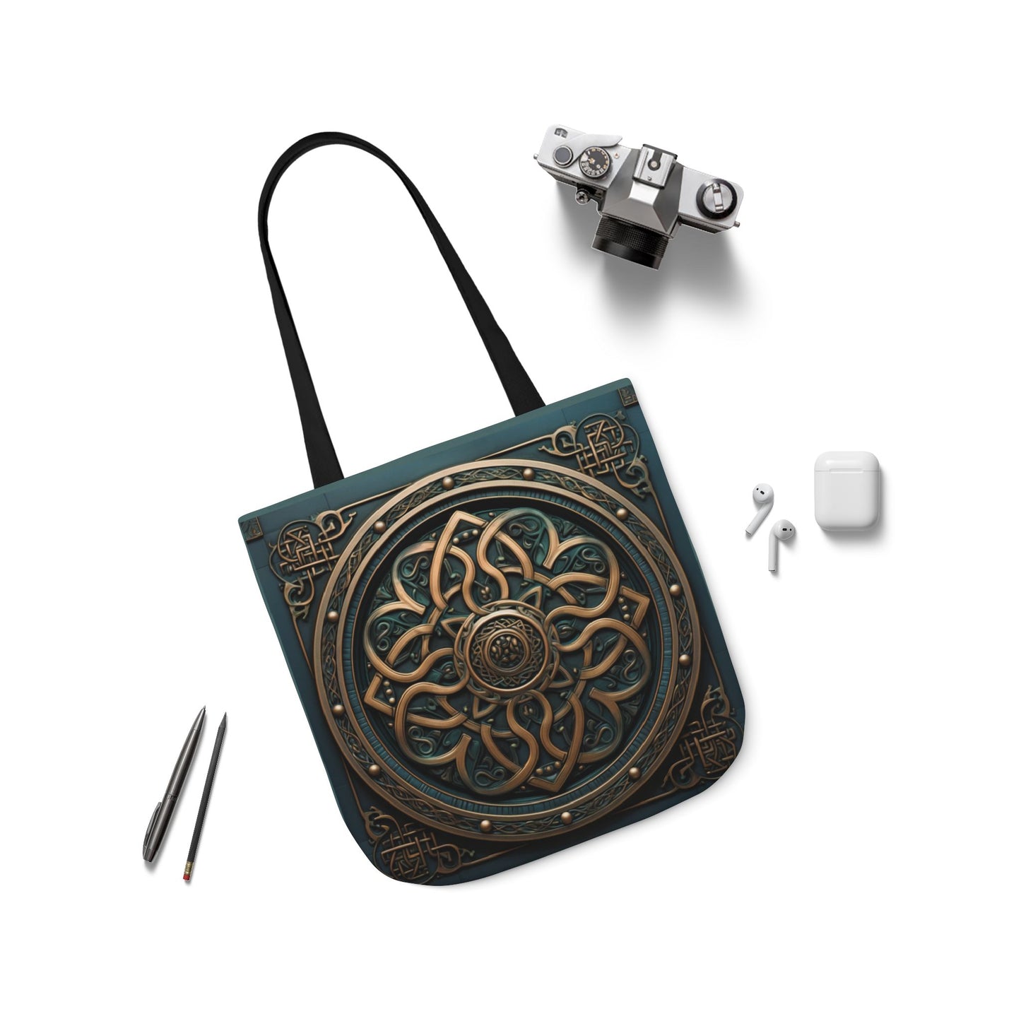 Celtic Shield Knot Turquoise and Bronze Tote Bag with intricate shield knot design and black handles on white background