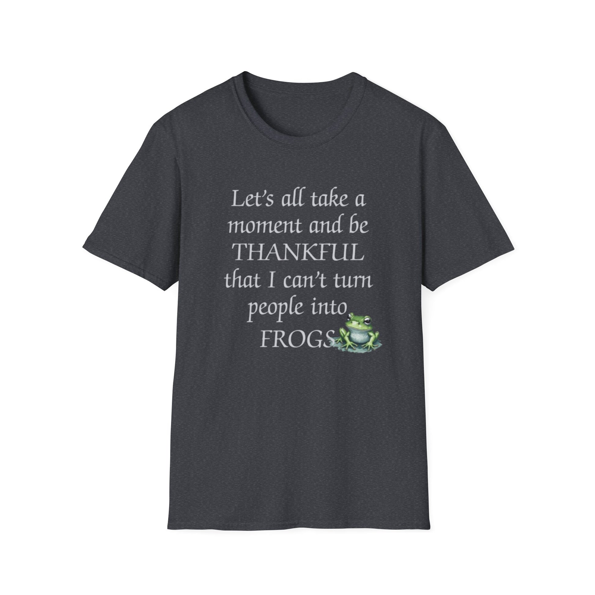 Dark gray t-shirt with humorous text and frog graphic on a white background