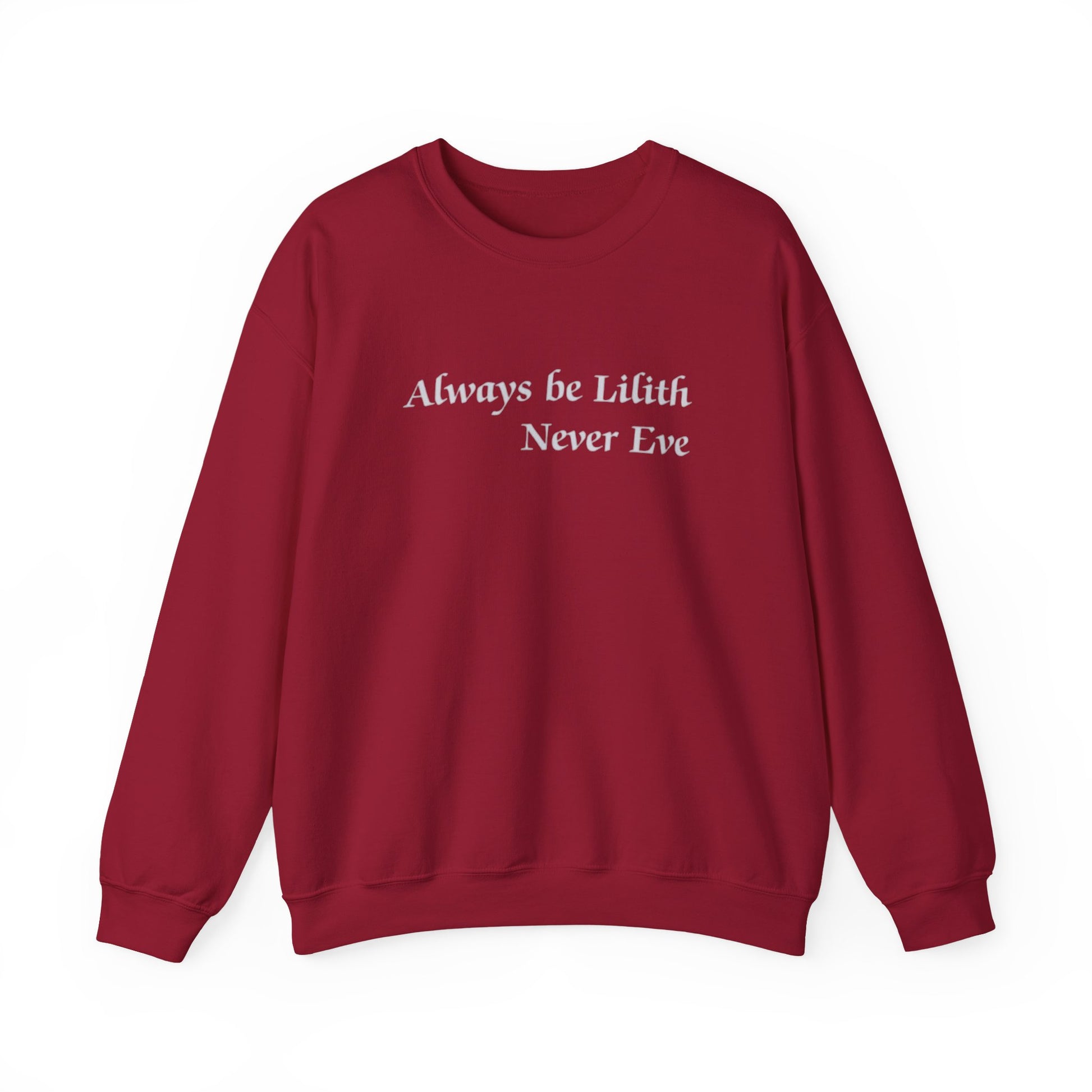 Red sweatshirt with white text on a white background