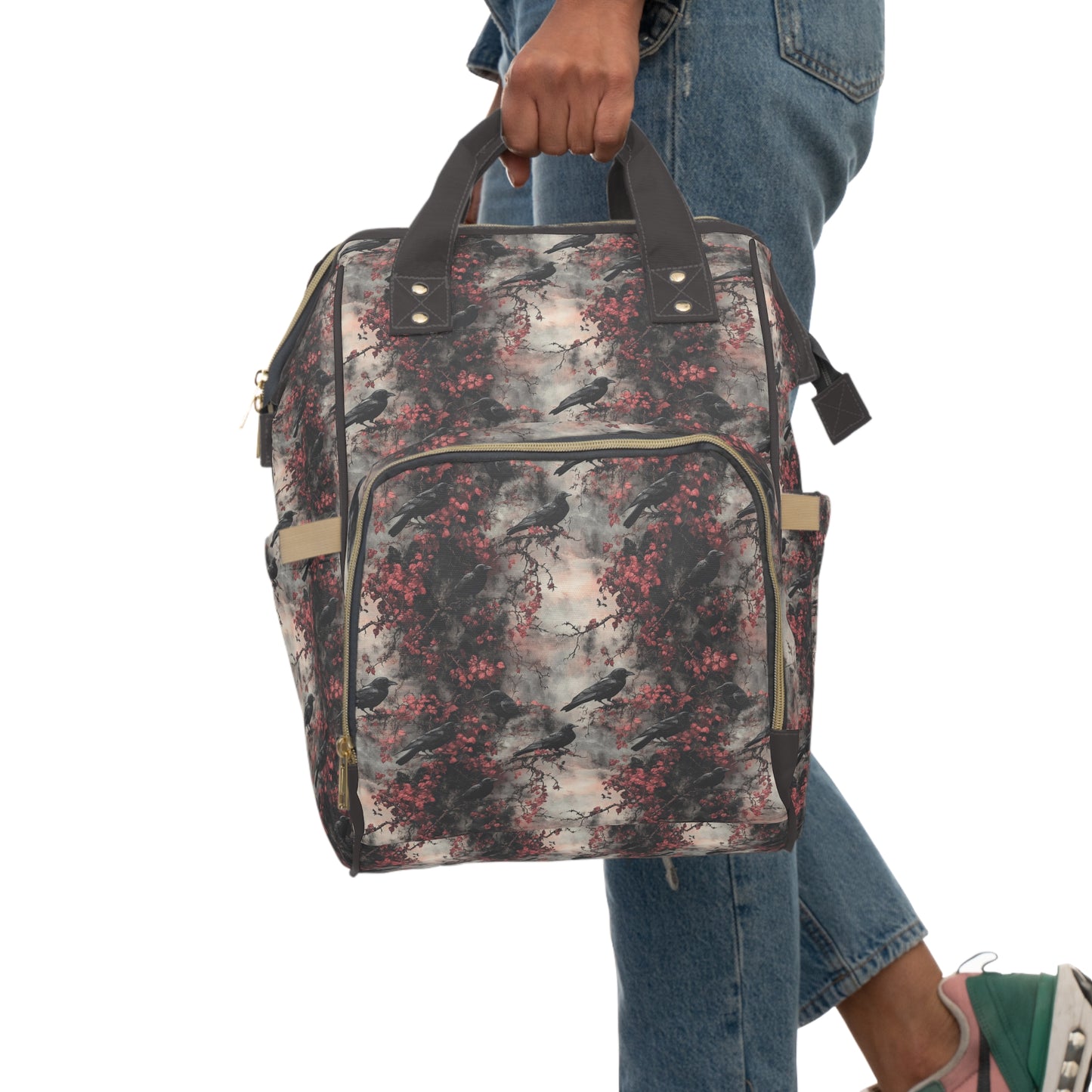 Dark Gothic Raven With Vintage Florals Multifunctional Diaper Backpack