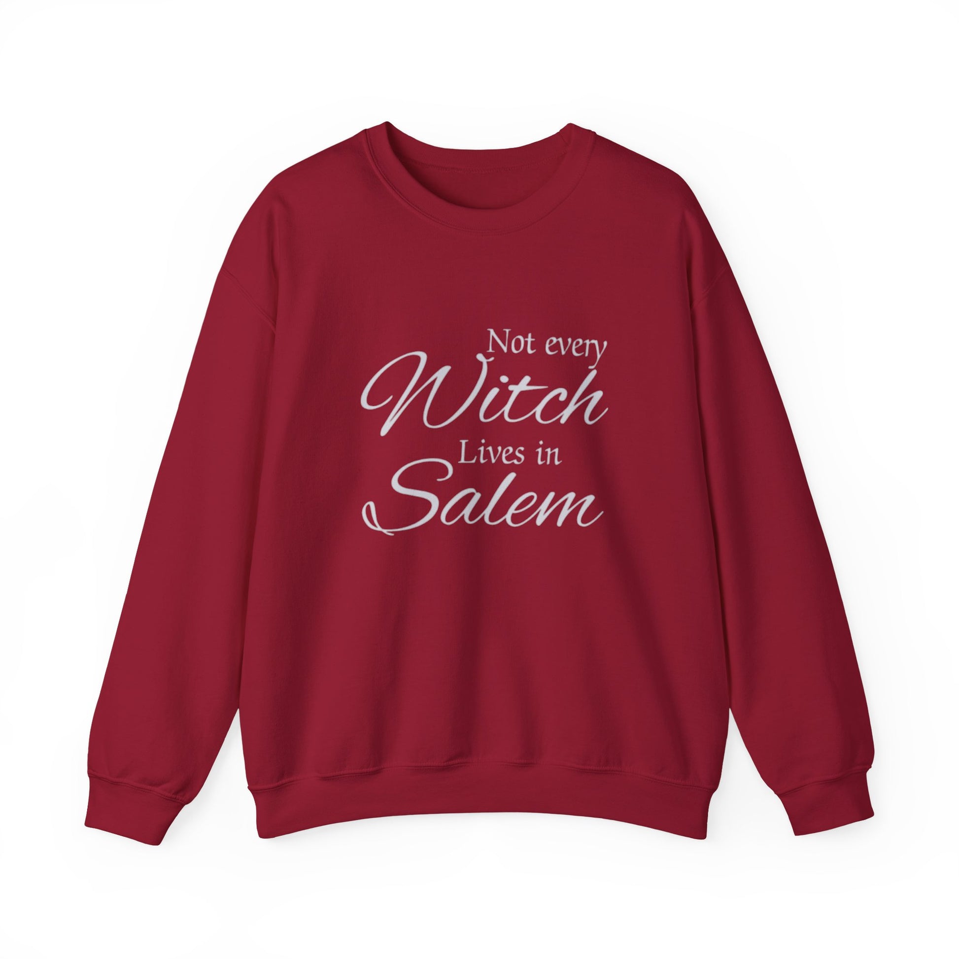 Red sweatshirt with white text 'Not every Witch Lives in Salem' on a white background