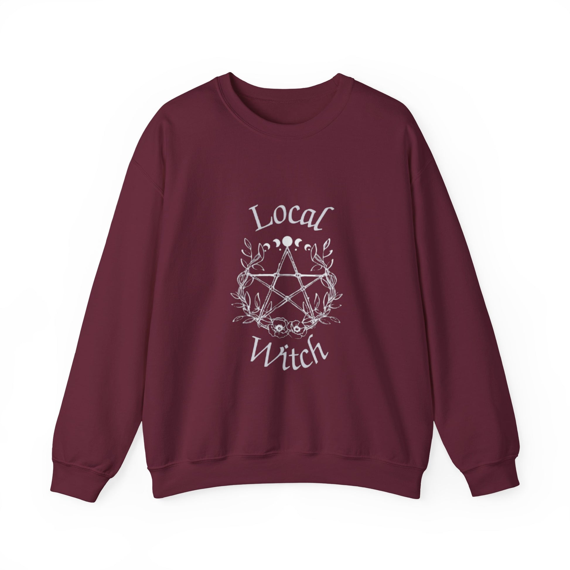 Maroon sweatshirt with 'Local Witch' print on a white background