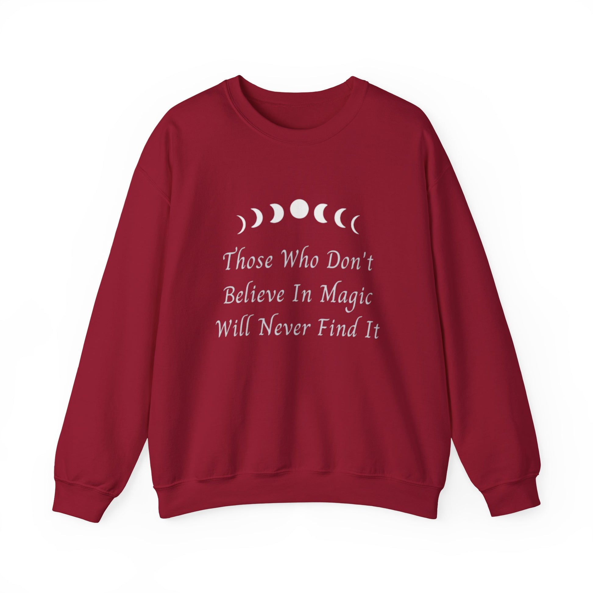 Red sweatshirt with white text and moon phases on a white background