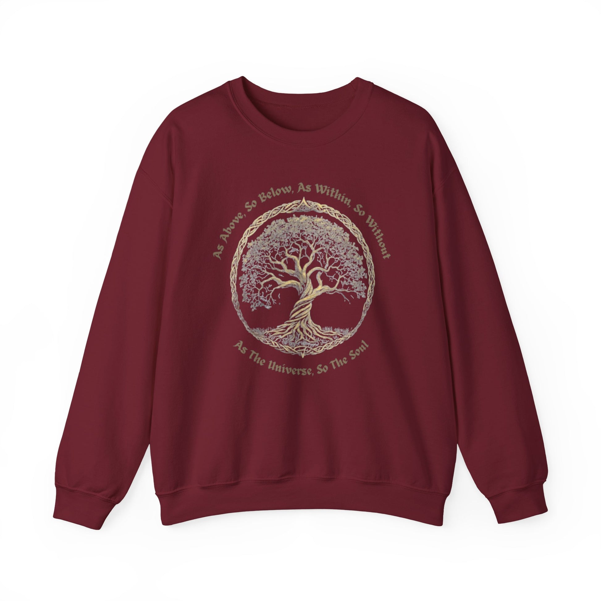 Maroon sweatshirt with a tree design and text on a white background