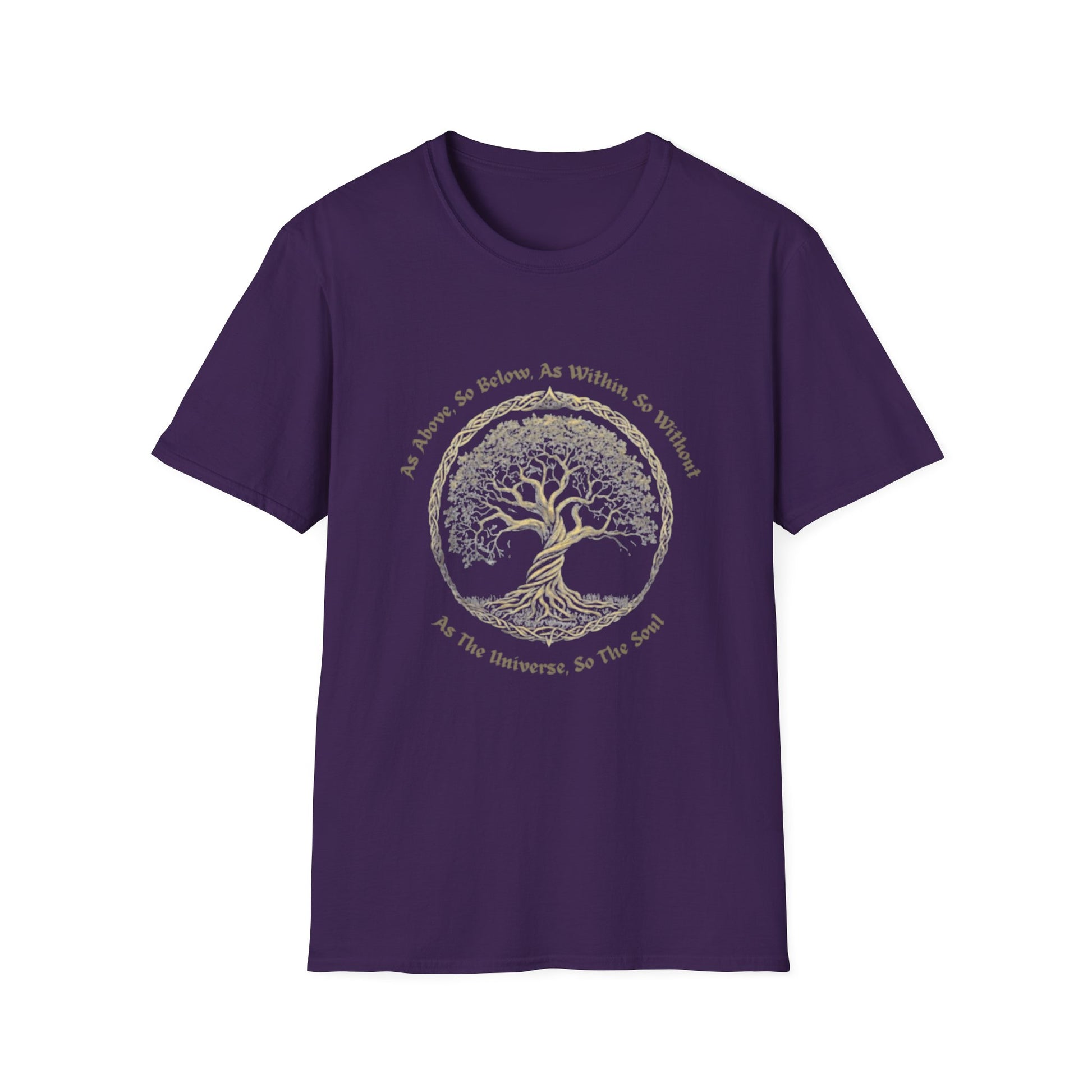 As Above, So Below, As Within, So Without T-Shirt with sacred tree design on purple background